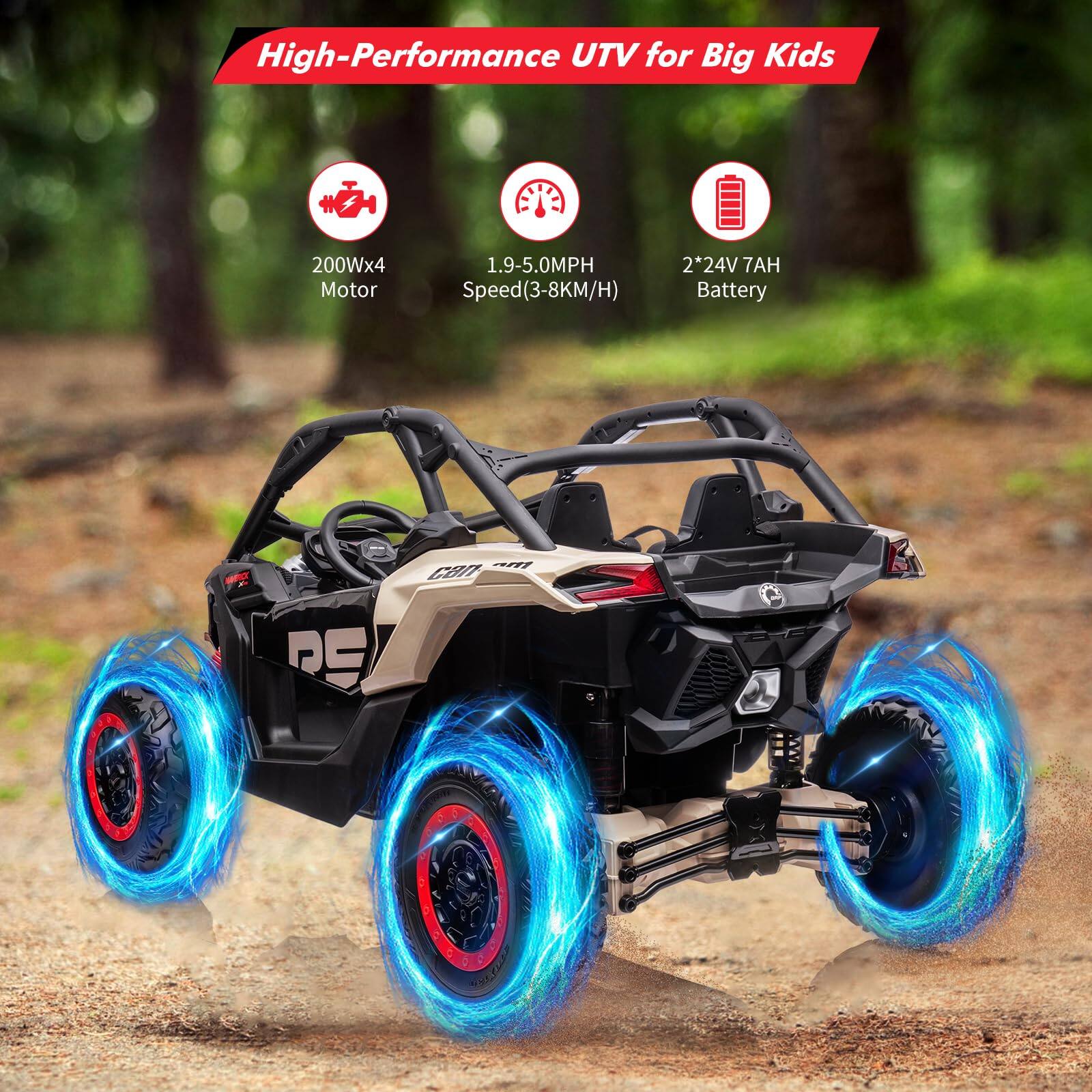 High-Performance UTV for Big Kids

- 200Wx4 Motor
- Speed: 1.9-5.0MPH (3-8KM/H)
- 2x24V 7AH Battery