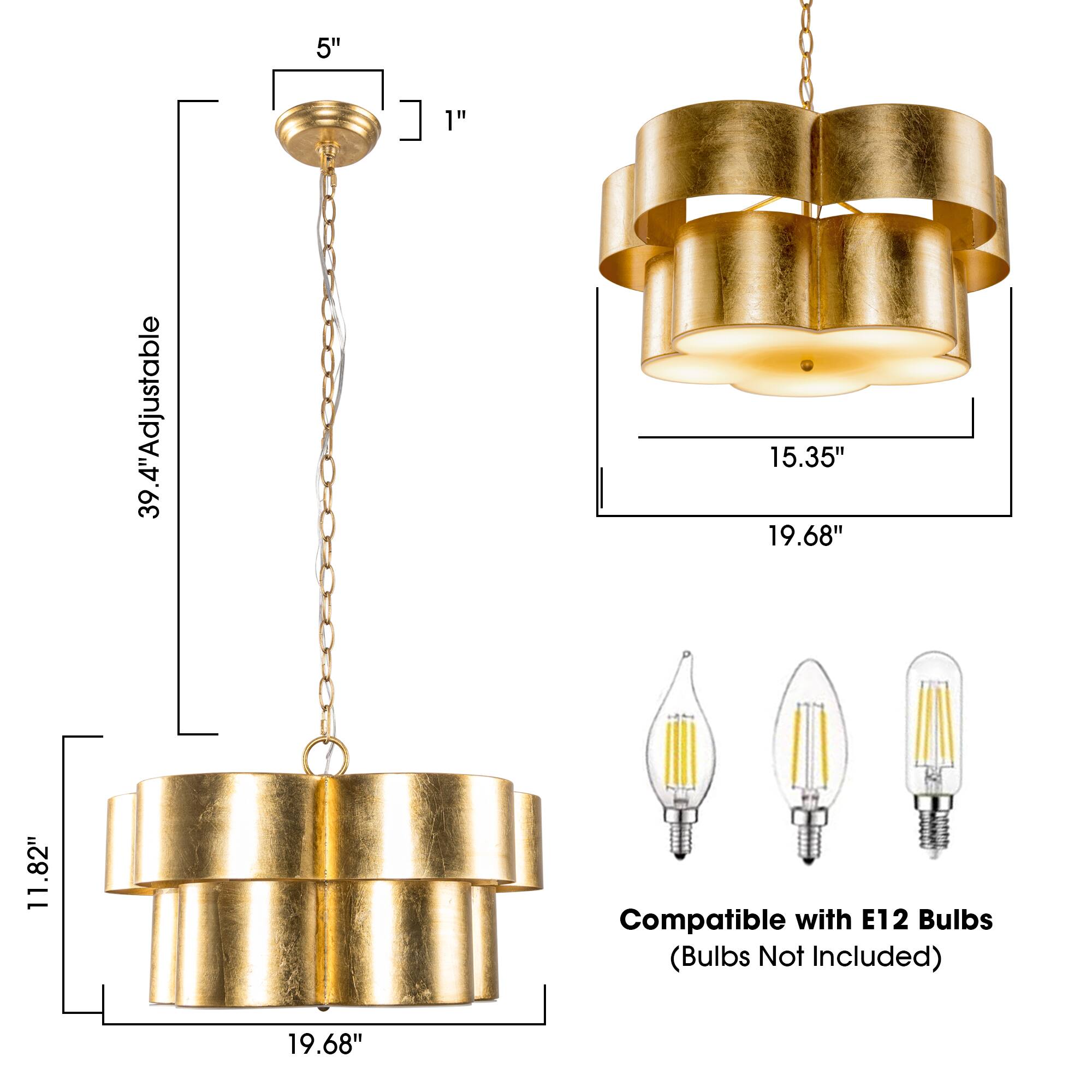 5" x 1" x 39.4" Adjustable  
15.35" x 19.68" x 11.82"  
Compatible with E12 Bulbs (Bulbs Not Included)