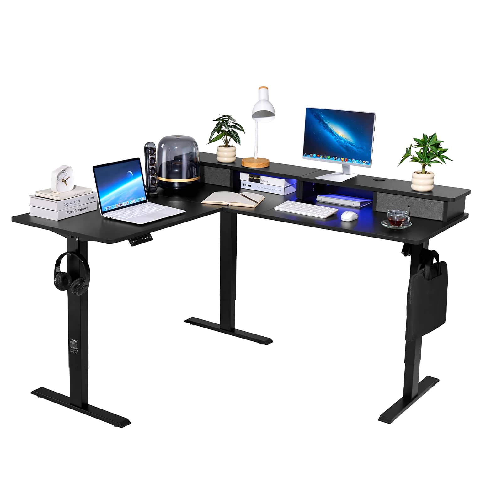VEVOR - L Shaped Desk, Electric Adjustable Height Corner Gaming Desk with CPU Stand, Dual Hooks and Fabric Drawers - Black - Thumbnail 5