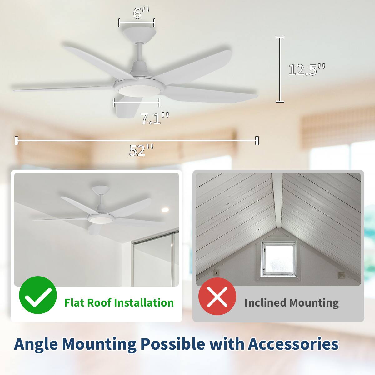 00 60 7.1"0 52" | 12.5" Flat Roof Installation X Inclined Mounting Angle Mounting Possible with Accessories