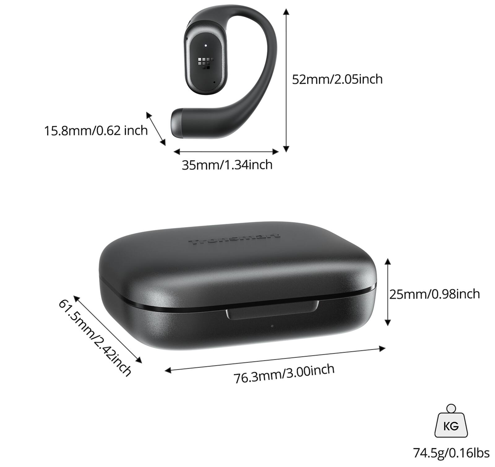 52mm/2.05inch, 15.8mm/0.62 inch, 35mm/1.34inch, 61.5mm/2.42inch, 25mm/0.98inch, 76.3mm/3.00inch, KG, 74.5g/0.16lbs
