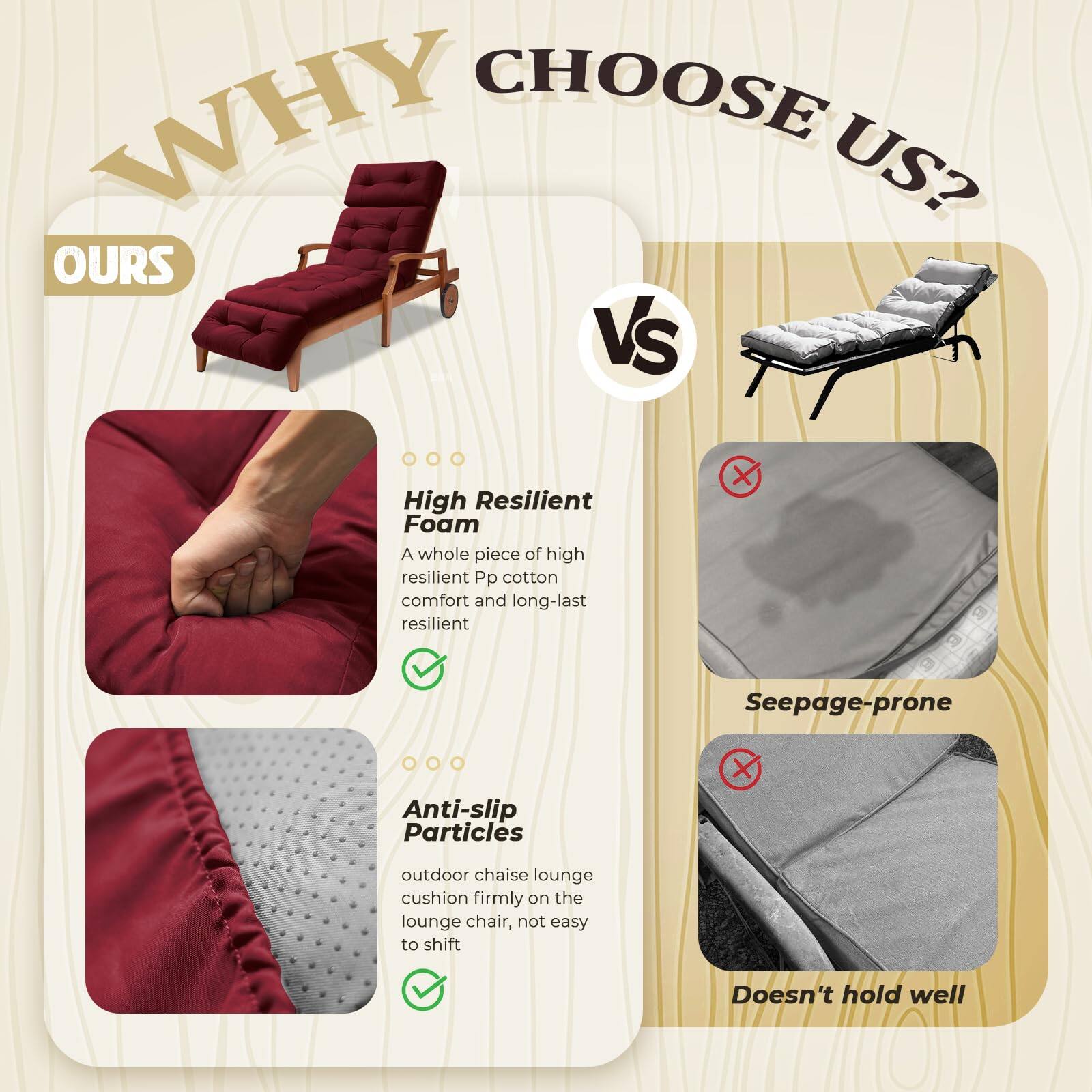 **WHY CHOOSE US?**

**OURS**  
- **High Resilient Foam**  
  A whole piece of high resilient Pp cotton comfort and long-last resilient  
  ✔️

- **Anti-slip Particles**  
  Outdoor chaise lounge cushion firmly on the lounge chair, not easy to shift  
  ✔️

**VS**

- **High Resilient Foam**  
  ✔️

- **Seepage-prone**  
  ❌

- **Doesn't hold well**  
  ❌