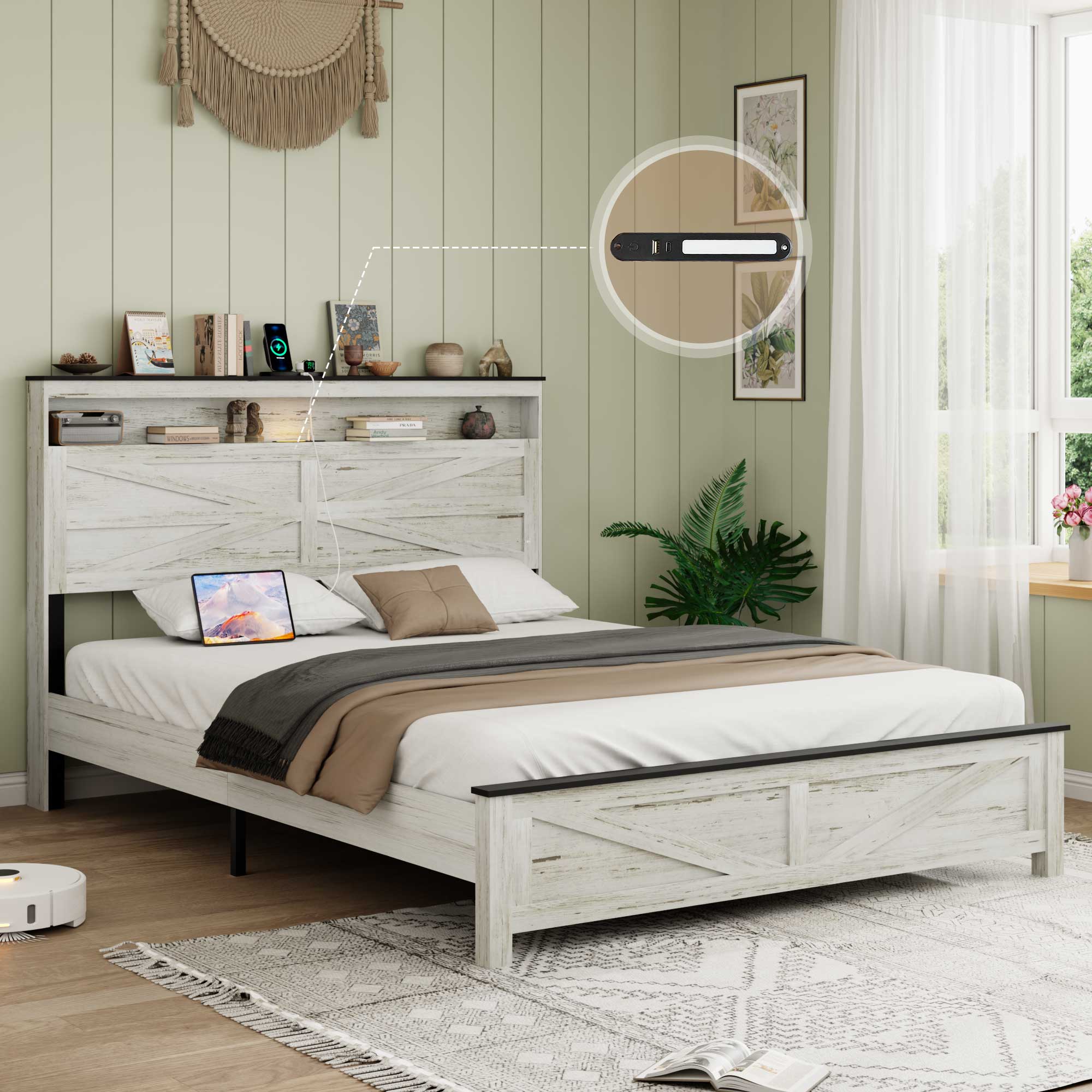 Angle. LUCKY ONE - Full Size Bed Frame With LED lights and Charging Station - Antique White+Gray.