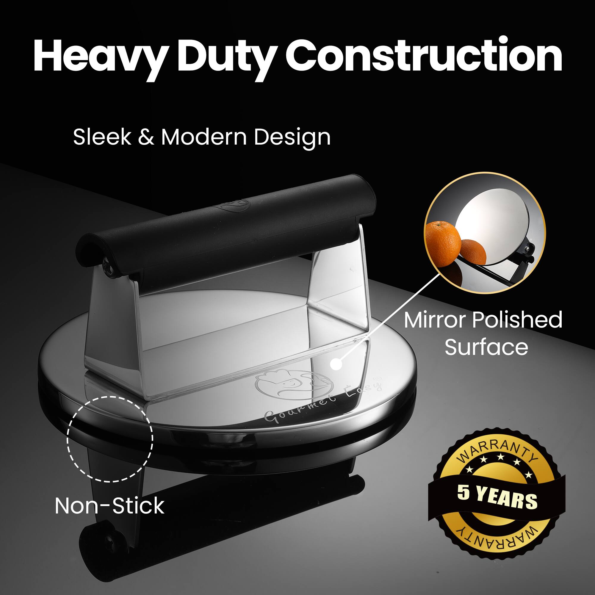 Back. Gourmet Easy - 2lb Smash Burger Press Stainless Steel, Burger Smasher for Griddle Heat Resistant Handle, Hamburger Press - Stainless Steel.