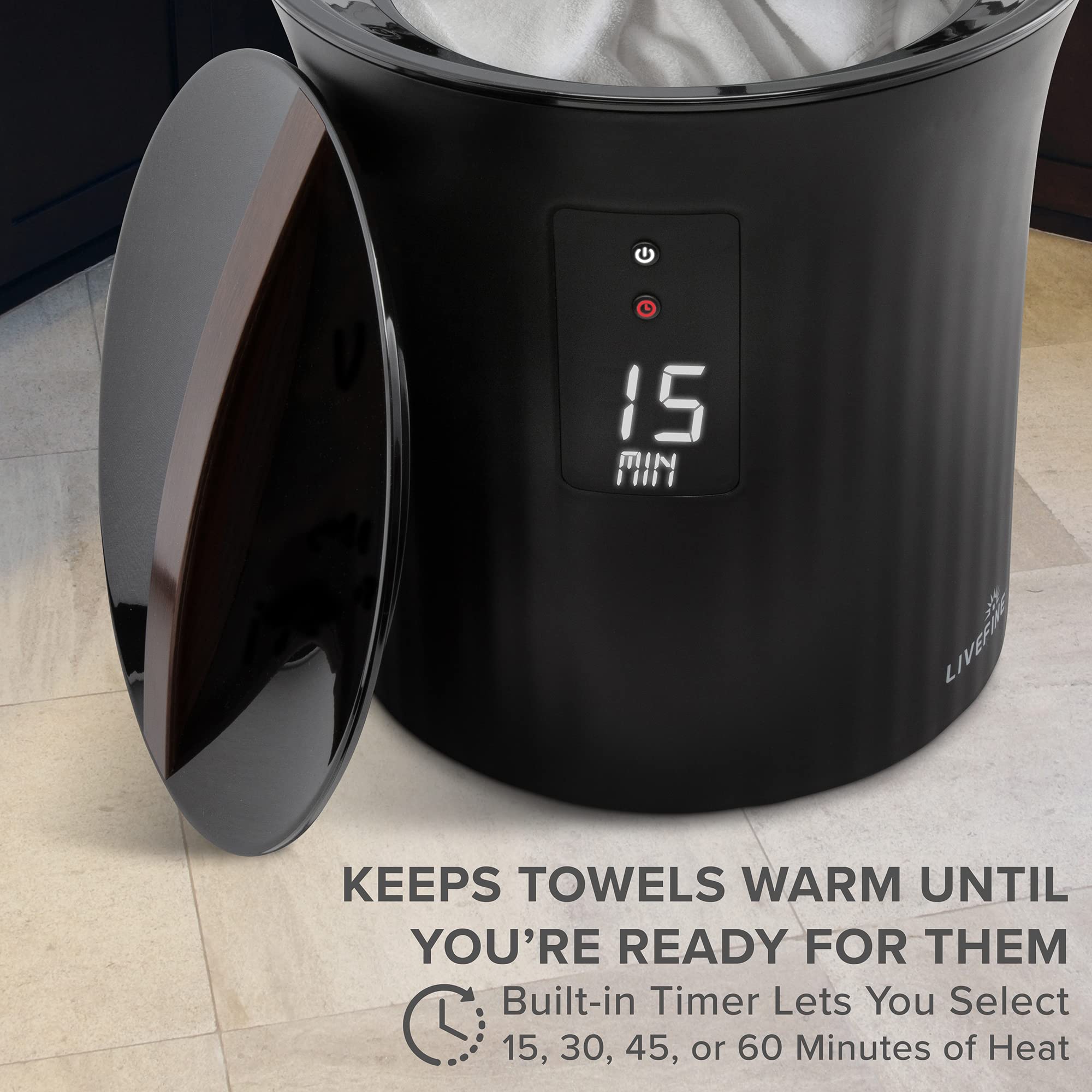 15 MIN LIVEFIS KEEPS TOWELS WARM UNTIL YOU'RE READY FOR THEM Built-in Timer Lets You Select 15, 30, 45, or 60 Minutes of Heat