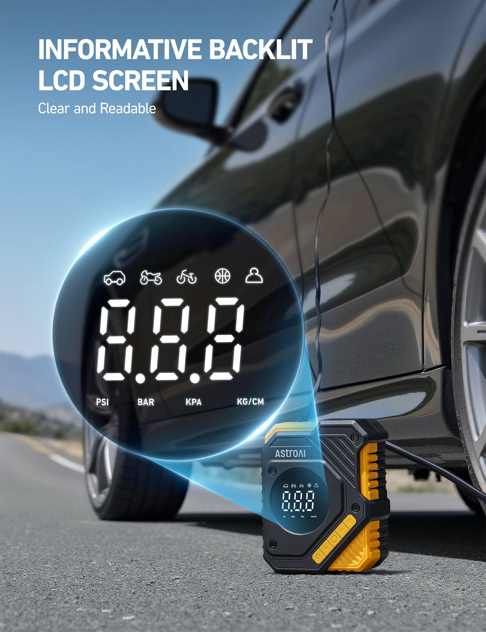 INFORMATIVE BACKLIT LCD SCREEN, Clear and Readable, 8.88 PSI, BAR, KG/CM, ASTRONAI