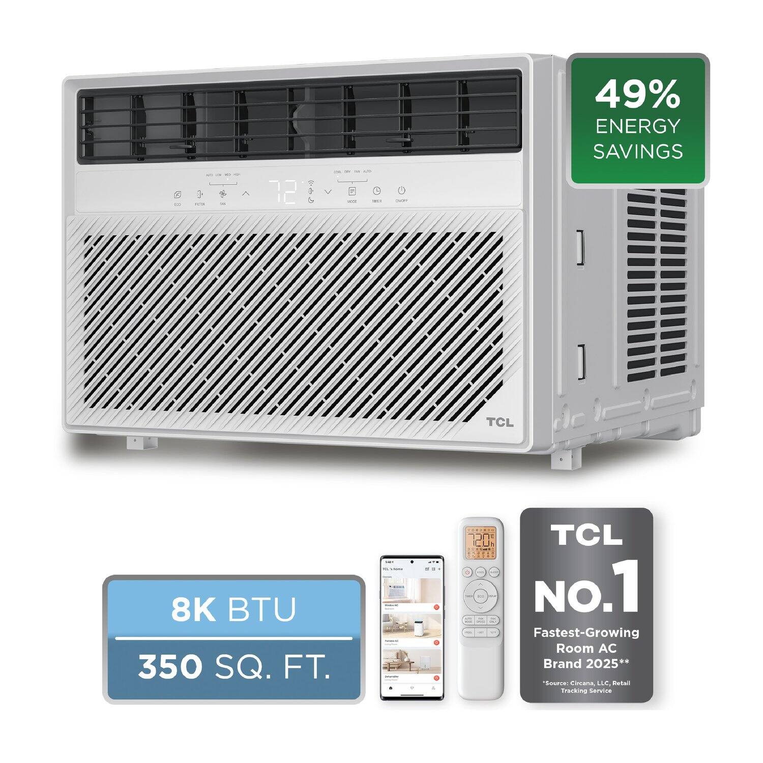 - 49% ENERGY SAVINGS
- 8K BTU
- 350 SQ. FT.
- TCL No.1 Fastest-Growing Room AC Brand 2025**
- Source: Cicana LLC Retail Tracking Service