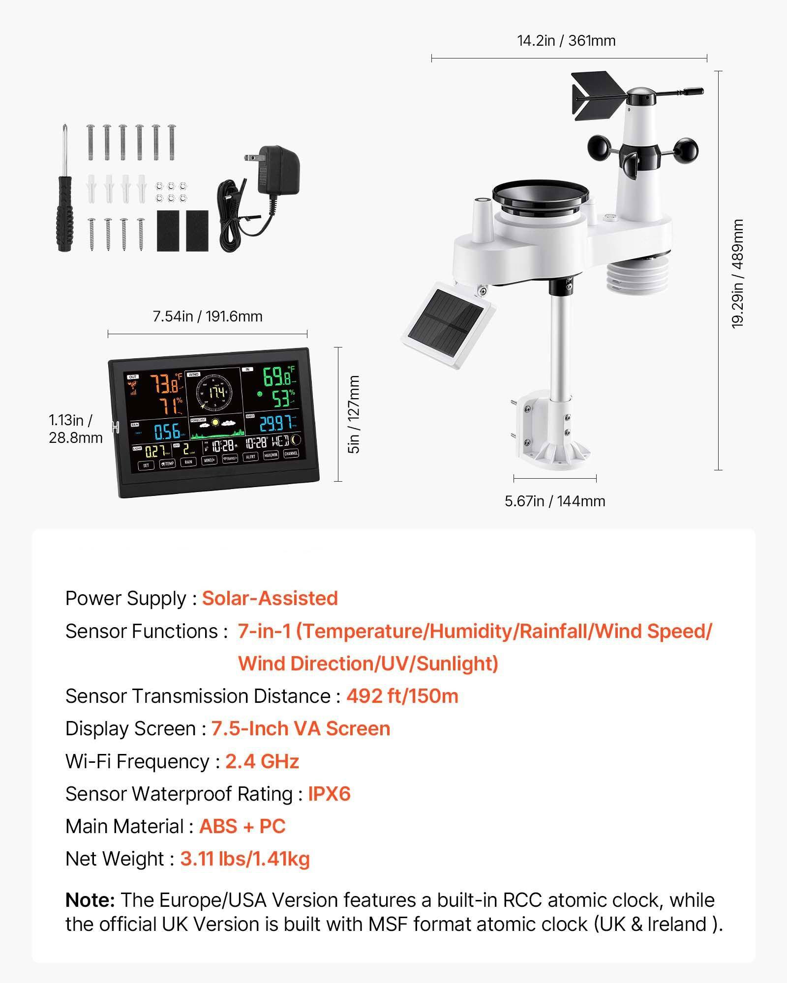 Sure, here is the corrected and grouped text:

---

**Dimensions:**
- 14.2in / 361mm
- 1.13in / 28.8mm
- 7.54in / 191.6mm
- 19.29in / 489mm
- 5.67in / 144mm
- 5in / 127mm

**Features:**
- Power Supply: Solar-Assisted
- Sensor Functions: 7-in-1 (Temperature/Humidity/Rainfall/Wind Speed/Wind Direction/UV/Sunlight)
- Sensor Transmission Distance: 492 ft/150m
- Display Screen: 7.5-Inch VA Screen
- Wi-Fi Frequency: 2.4 GHz
- Sensor Waterproof Rating: IPX6
- Main Material: ABS + PC
- Net Weight: 3.11 lbs/1.41kg

**Note:**
- The Europe/USA Version features a built-in RCC atomic clock, while the official UK Version is built with MSF format atomic clock (UK & Ireland).

---