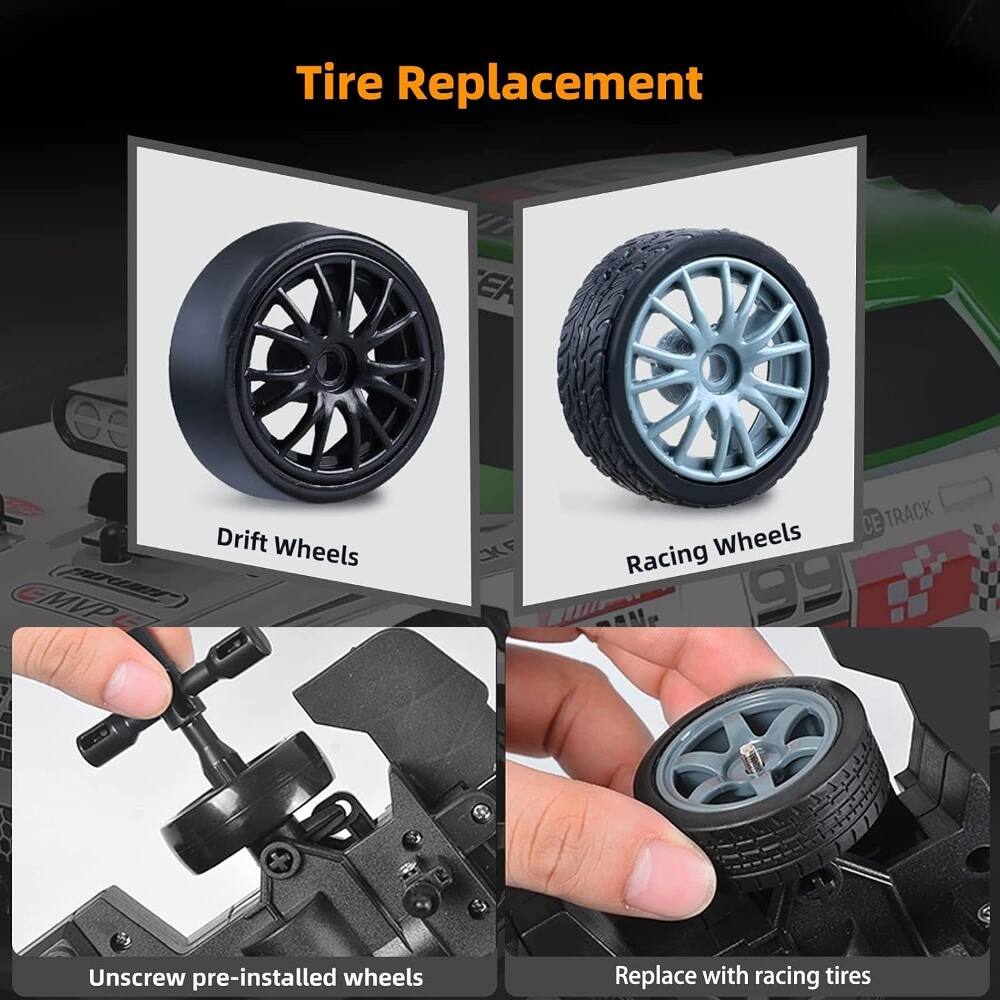 Tire Replacement

Drift Wheels

Racing Wheels

Unscrew pre-installed wheels

Replace with racing tires