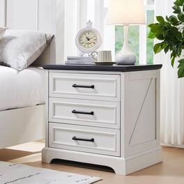 GARVEE - Farmhouse Nightstand with Charging Station, 22 Inch Wide End Table with 3 Large Drawers & Bar Handles, Off 1pcs - White