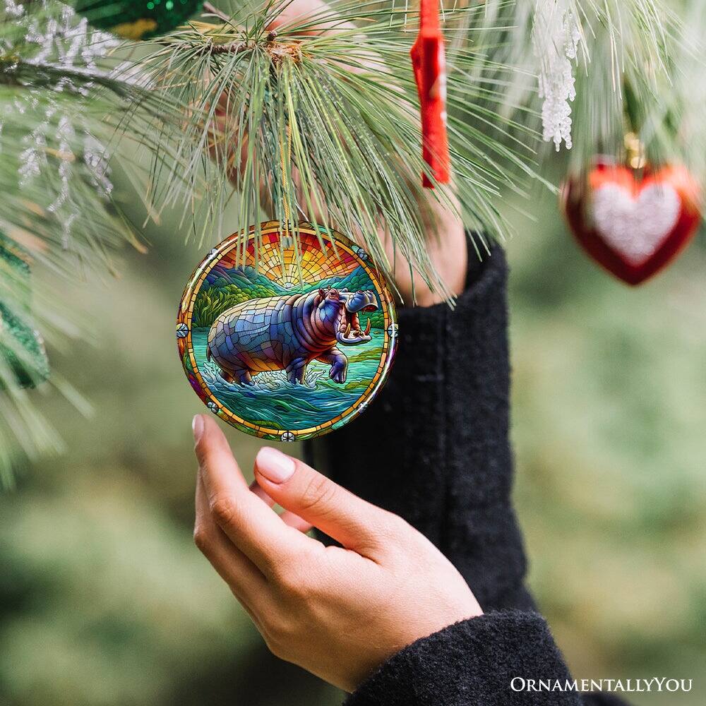 Alt View 1. OrnamentallyYou - Mighty Hippopotamus Stained Glass Style Ceramic Ornament African Animals Christmas Gift and Decor - Multi-colored.