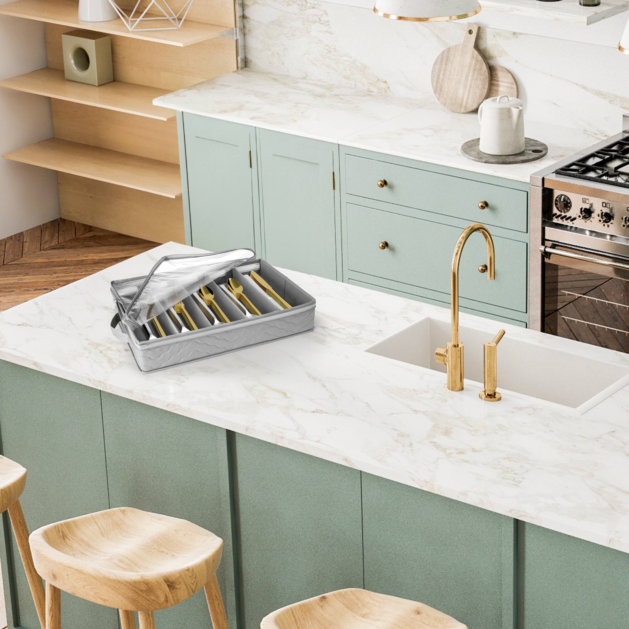 Left. Sorbus - Sorbus Fabric Chest Flatware & Silverware Organizer Box with Zipper Clear Lid & Adjustable Divider (Gray) - Gray.