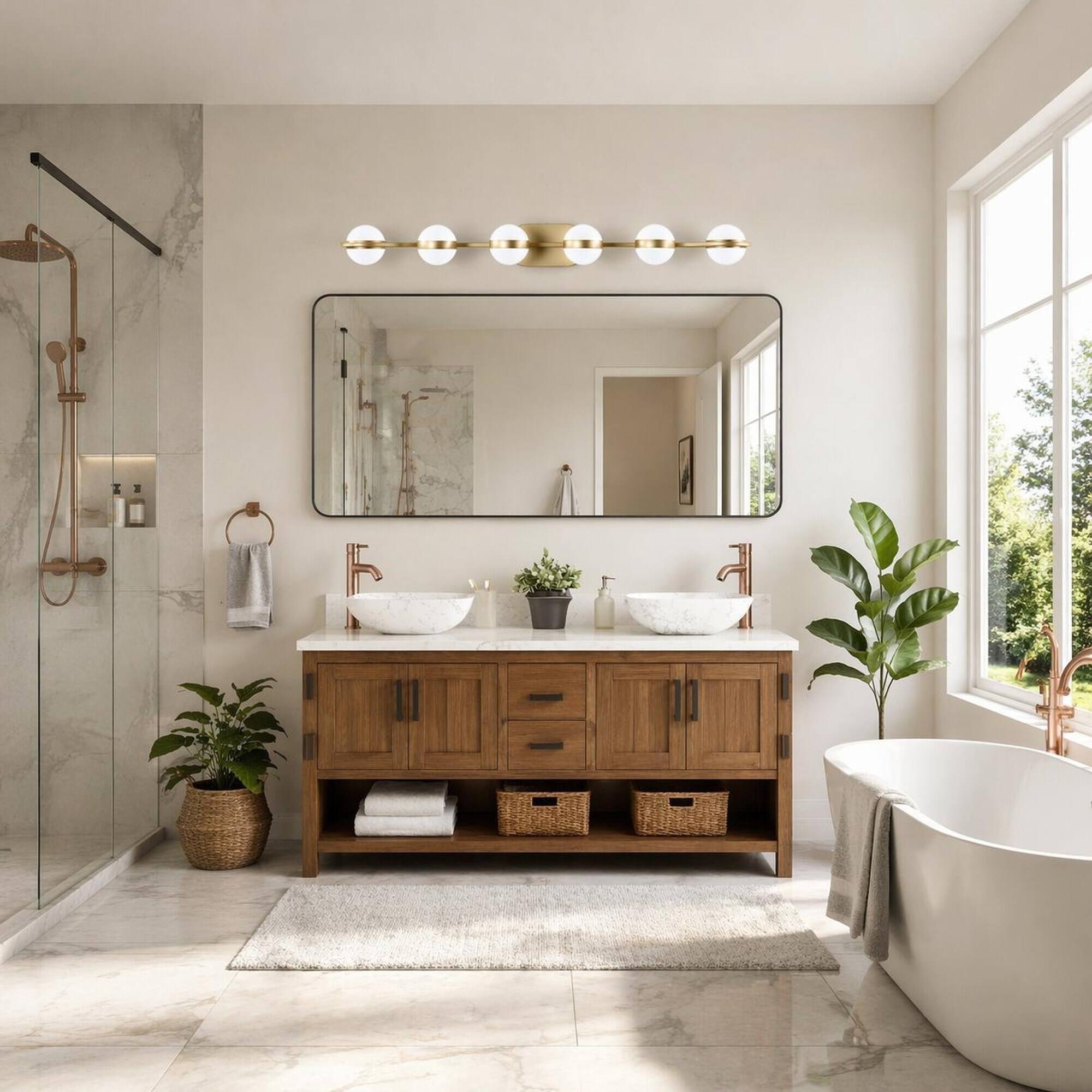 Left. RYHNUYNE - 43 " Gold LED Bathroom Vanity Light,6‑Light Wall Mount Vanity Light with Crystal Shades for Bathroom - Gold.