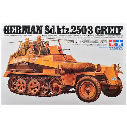 GERMAN Sd.kfz.250/3 GREIF
1/35 MILITARY MINIATURE SERIES NO.113
*WITH FIGURES OF GENERAL ROMMEL & THREE SOLDIERS
*READY TO ASSEMBLE PRECISION MODEL KIT
*DETAILED SCALE MODEL FOR HOBBYISTS AGE 14 AND ABOVE. THIS IS NOT A TOY
*MODEL MAY VARY FROM IMAGE ON BOX
*CEMENT AND PAINT NOT INCLUDED
1/35 NO.113 Sd.kfz.250/3
TAMIYA
JL GREIF
WH-9