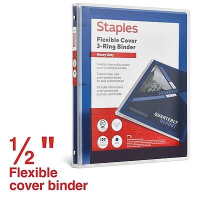 Staples Flexible Cover 3-Ring Binder  
Heavy Duty  
Flexible, heavy-duty plastic cover  
Exterior clear view cover pocket allows for easy customization  
Includes interior back cover pocket and business card holder  
100 1" 1/2 Flexible cover binder  
QUARTERLY REPORT