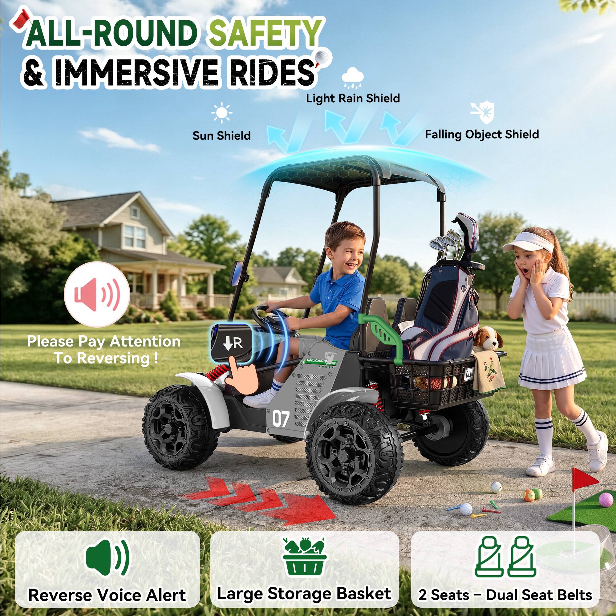 ALL-ROUND SAFETY & IMMERSIVE RIDES

- Light Rain Shield
- Sun Shield
- Falling Object Shield

Please Pay Attention To Reversing!

- Reverse Voice Alert
- Large Storage Basket
- 2 Seats - Dual Seat Belts