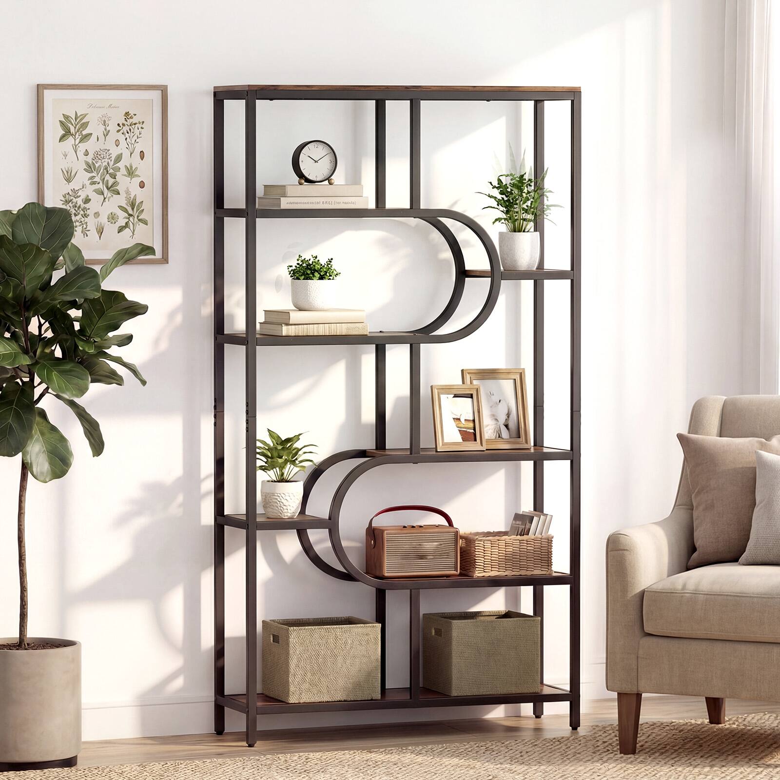 Alt View 1. Costway - Costway 2 PCS 5-Tier Bookshelf Tall Etagere Bookcase with Open Storage Shelvesn - Brown-U-shaped.