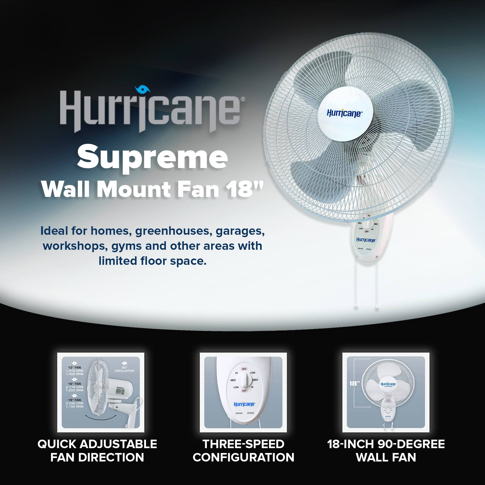 Hurricane Supreme Wall Mount Fan 18"  
Ideal for homes, greenhouses, garages, workshops, gyms and other areas with limited floor space.  

Hrcre 18TAN 4ld - a - - IOGLATIN - - - ... FA 2510 i -d - i - - i 18" i I - Humcarer I QUICK ADJUSTABLE THREE-SPEED 18-INCH 90-DEGREE FAN DIRECTION CONFIGURATION WALL FAN