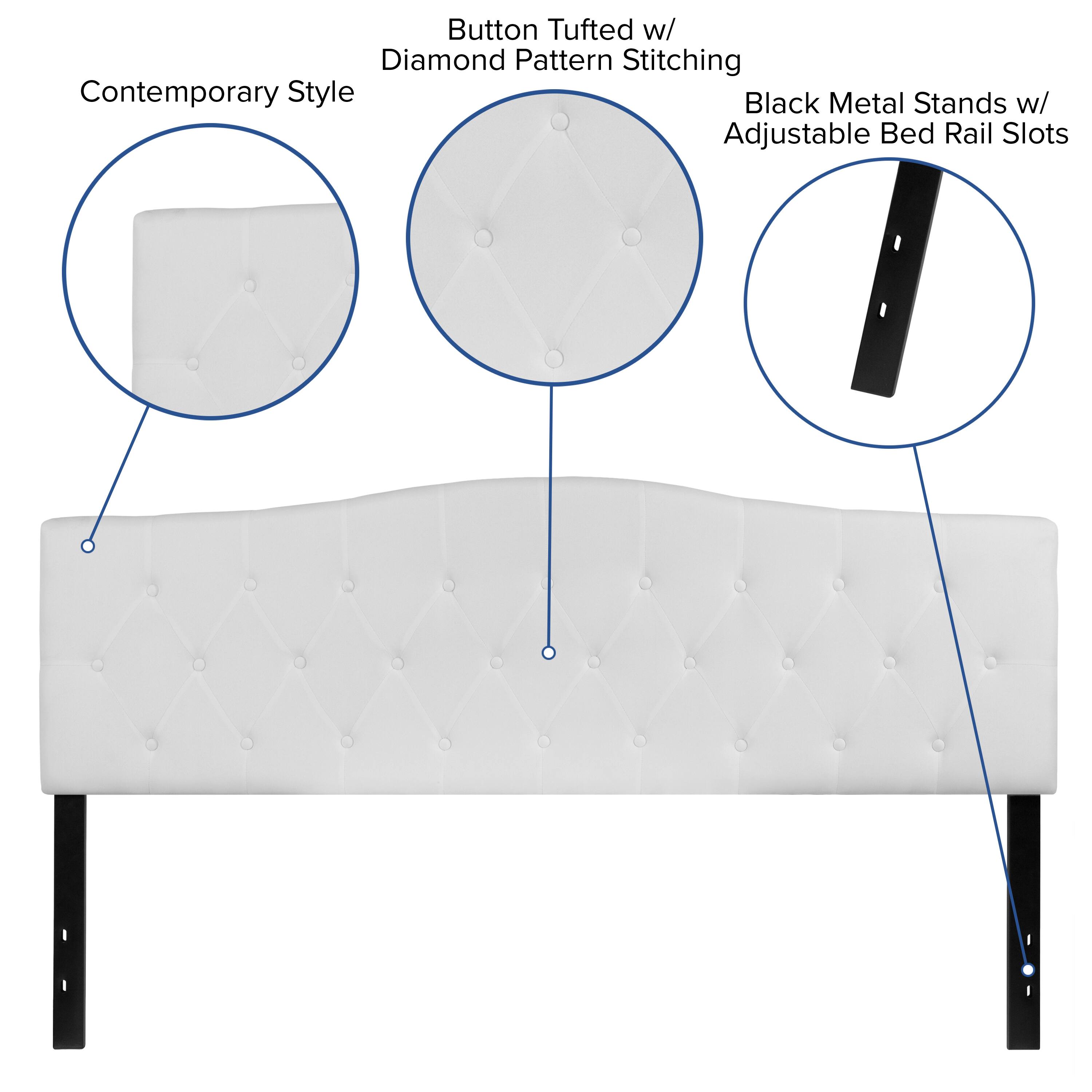 Button Tufted w/ Diamond Pattern Stitching  
Contemporary Style  
Black Metal Stands w/ Adjustable Bed Rail Slots