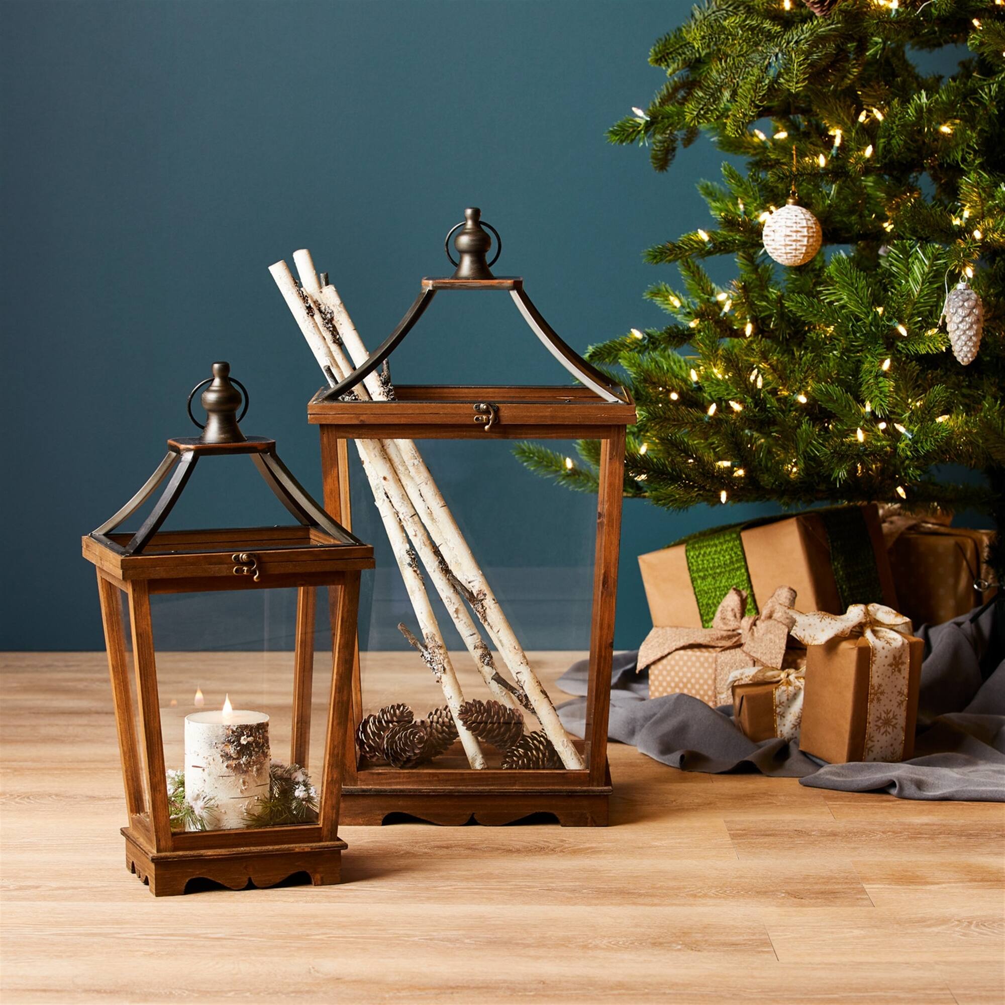 Alt View 2. BreeBe - Natural Wooden Lantern with Open Top (Set of 2) - Brown, Grey.