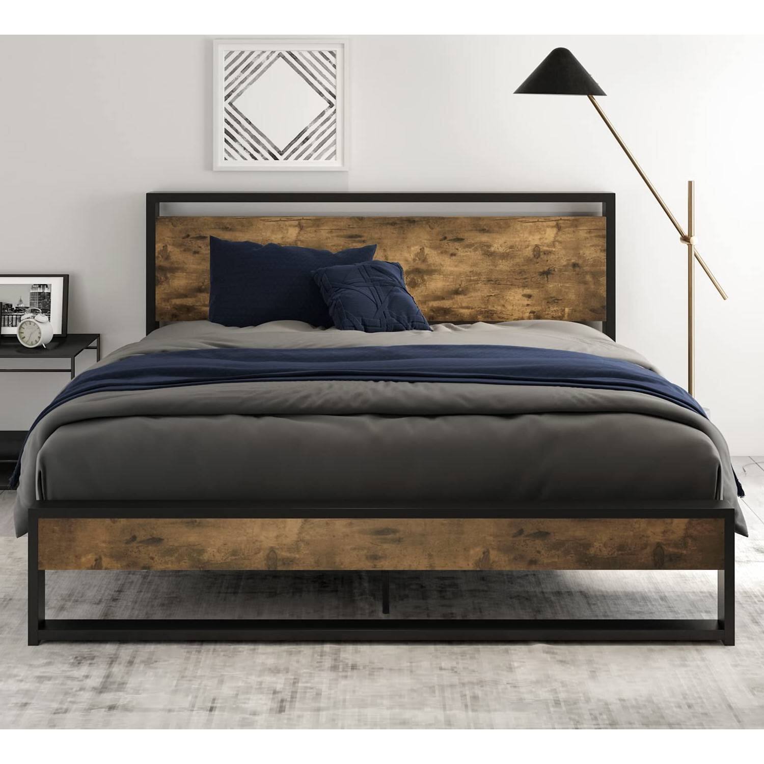 Angle. Hivvago - Hivvago Full size Metal Wood Platform Bed Frame with Industrial Headboard - Black.
