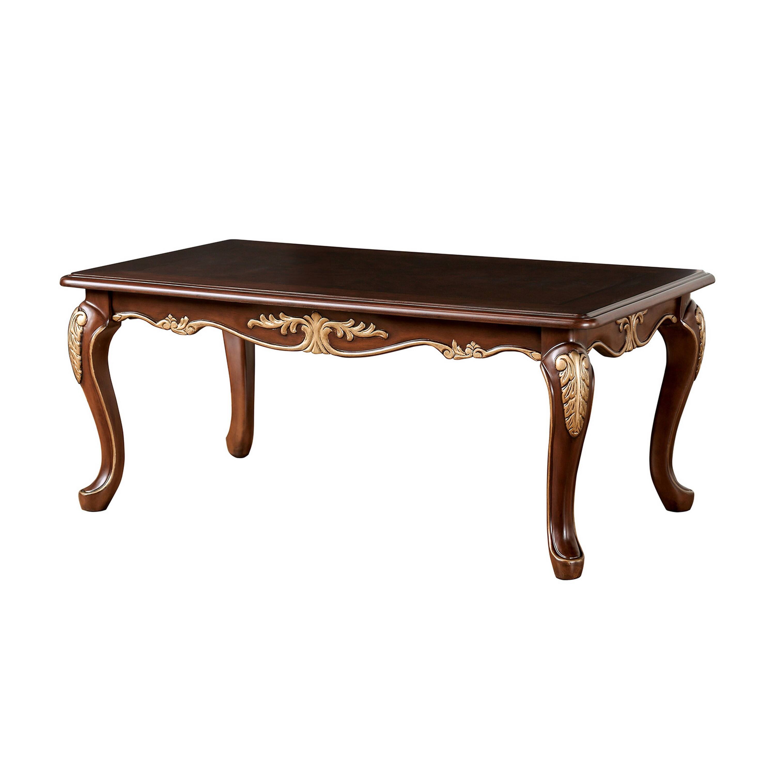 Alt View 1. Manhattan Lane - Saili Coffee Table, Gold Carvings, 48 Inch, Cabriole, Tobacco Brown Wood - Tobacco Brown, Gold.