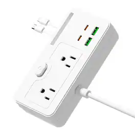Cluzine - Multi-Function Power Strip with USB & Type-C Ports, Built-In Phone Holder & 2-in-1 Charging Cable - White