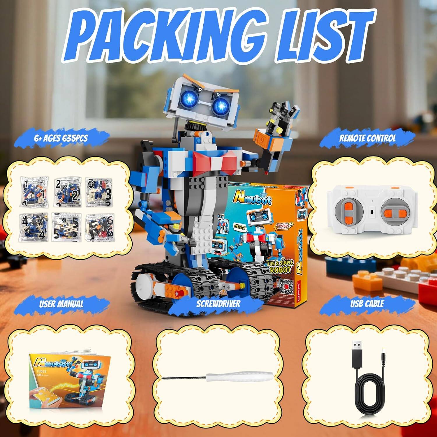 PACKING LIST  
6+ AGES 635PCS  
REMOTE CONTROL  
USER MANUAL  
SCREWDRIVER  
USB CABLE