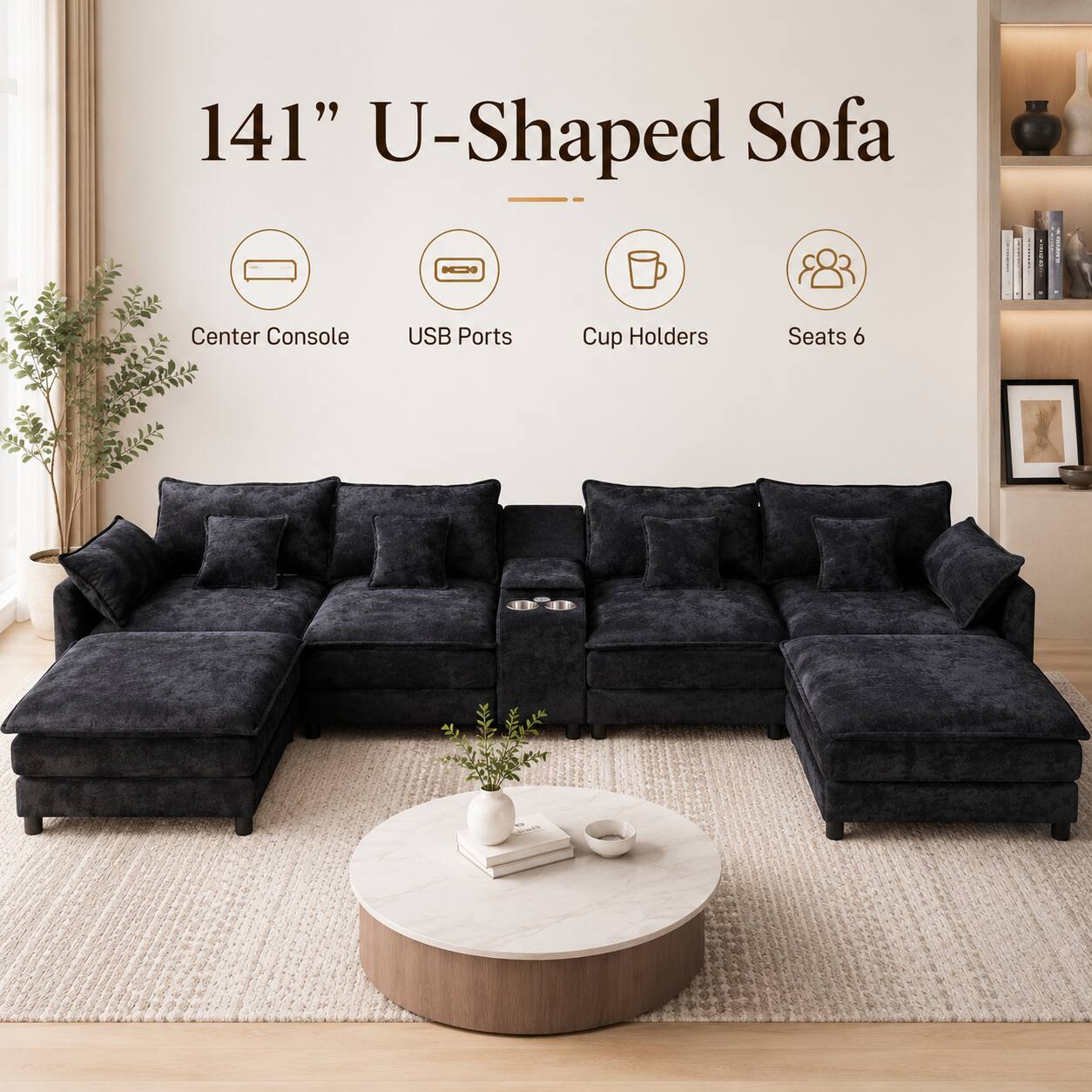 141" U-Shaped Sofa
Center Console
USB Ports
Cup Holders
Seats 6