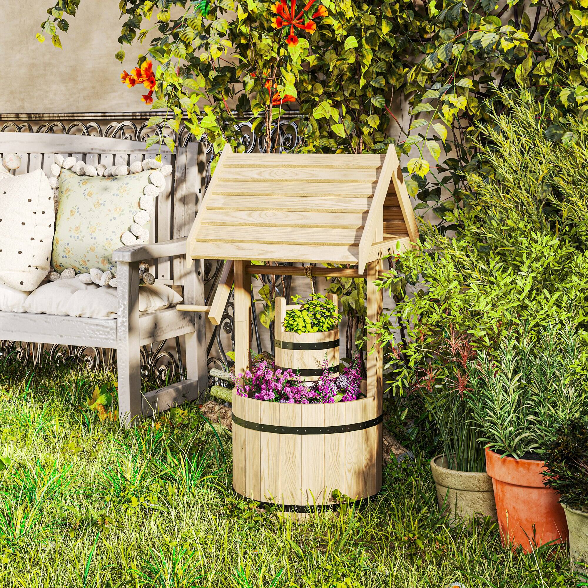 Alt View 1. Outsunny - Wishing Well for Outside with Hanging Bucket - Natural Wood.