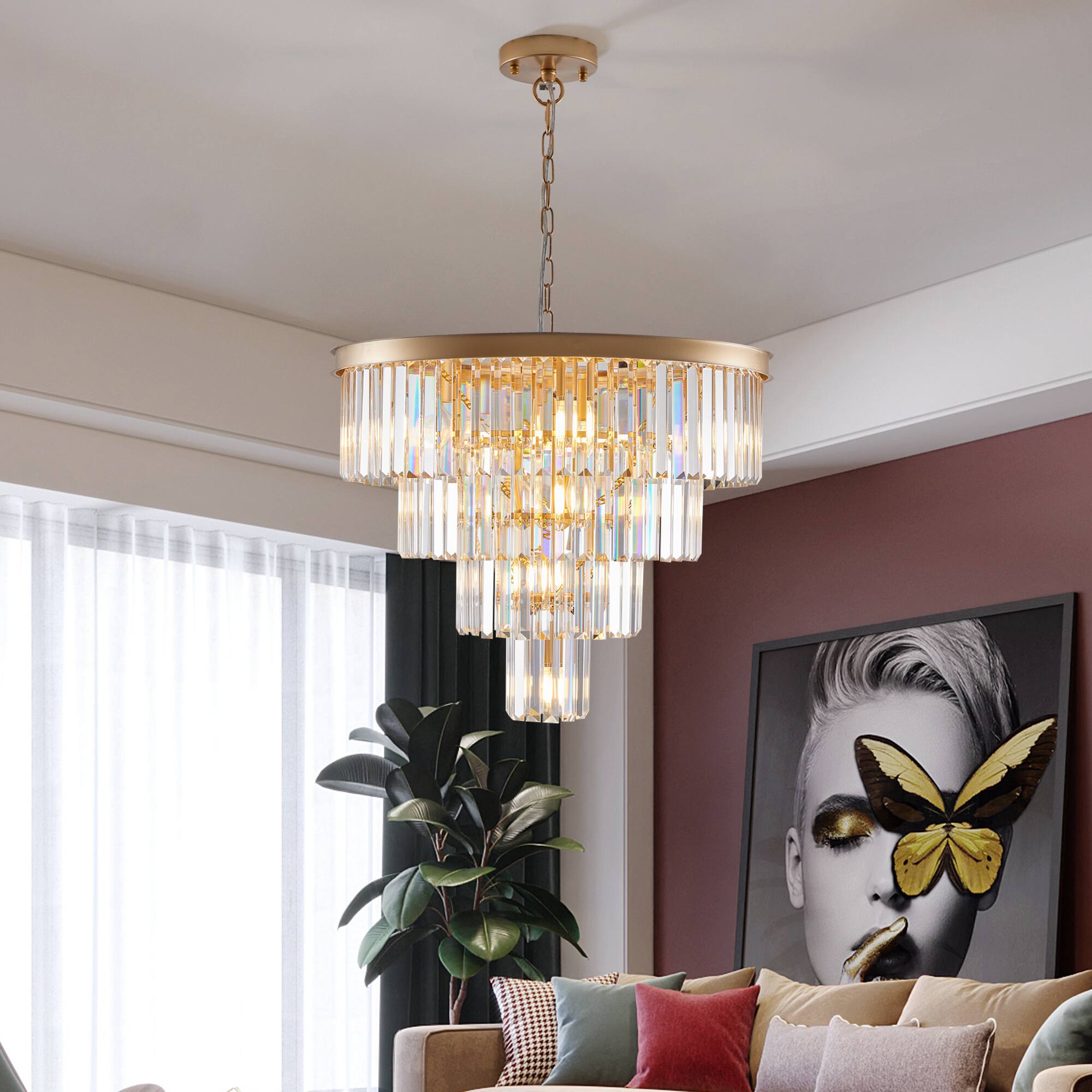 Left. Tiramisubest - 24" Contemporary Crystal Modern Chandeliers Crystal Ceiling Chandelier 4 Tier Golden Chandelier Lighting (No Bulbs) - Gold.