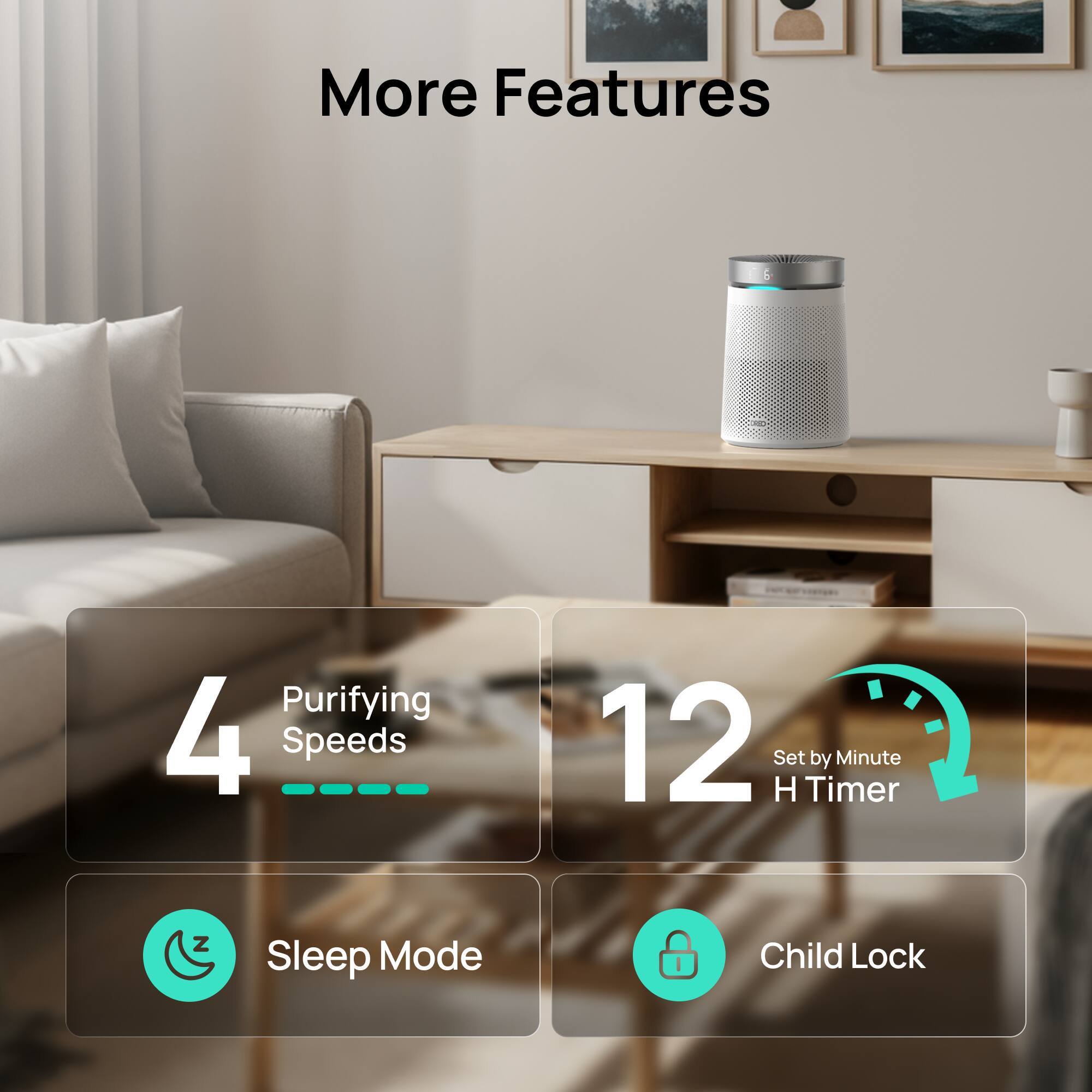 More Features

- Purifying 4 Speeds
- 12 Set H Timer by Minute
- Sleep Mode
- Child Lock