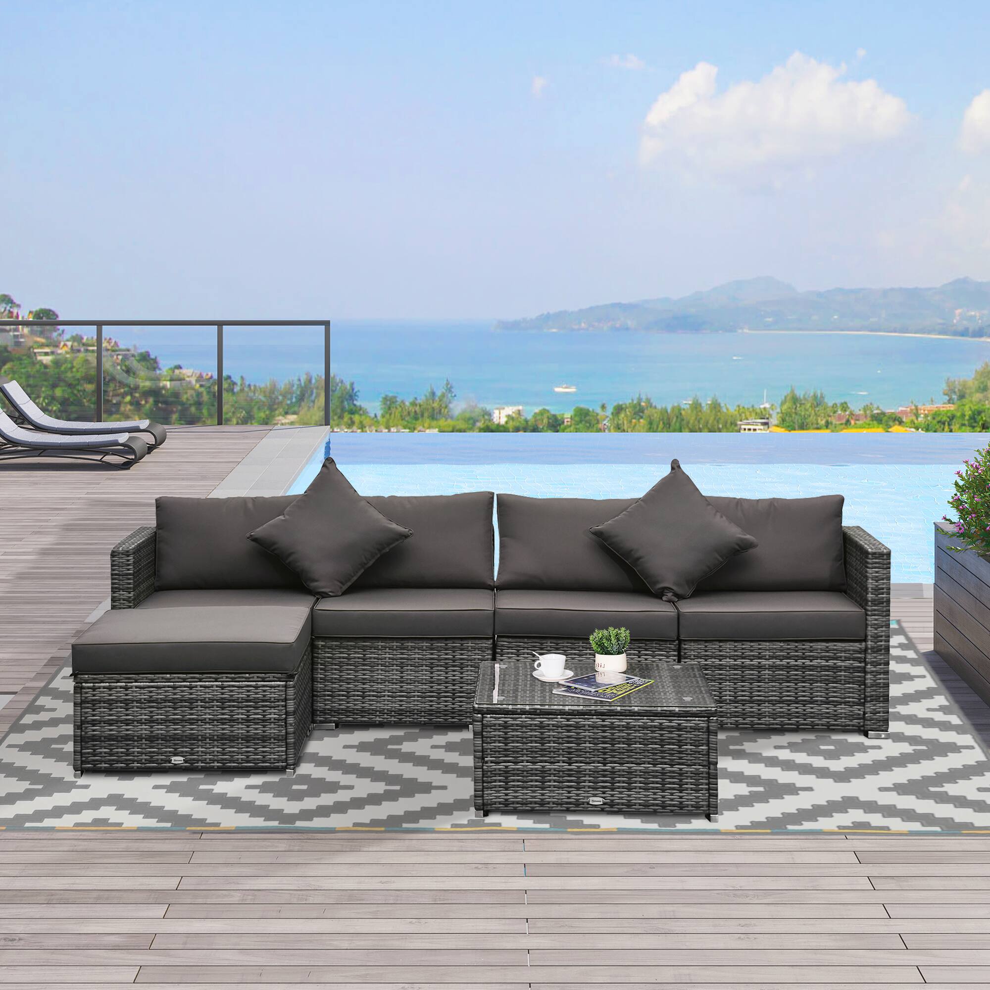 Alt View 1. Outsunny - 6 Piece Patio Furniture Set Outdoor Wicker Conversation Set All Weather PE Rattan Sectional Sofa Set with Ottoman - Mixed Gray, Charcoal.