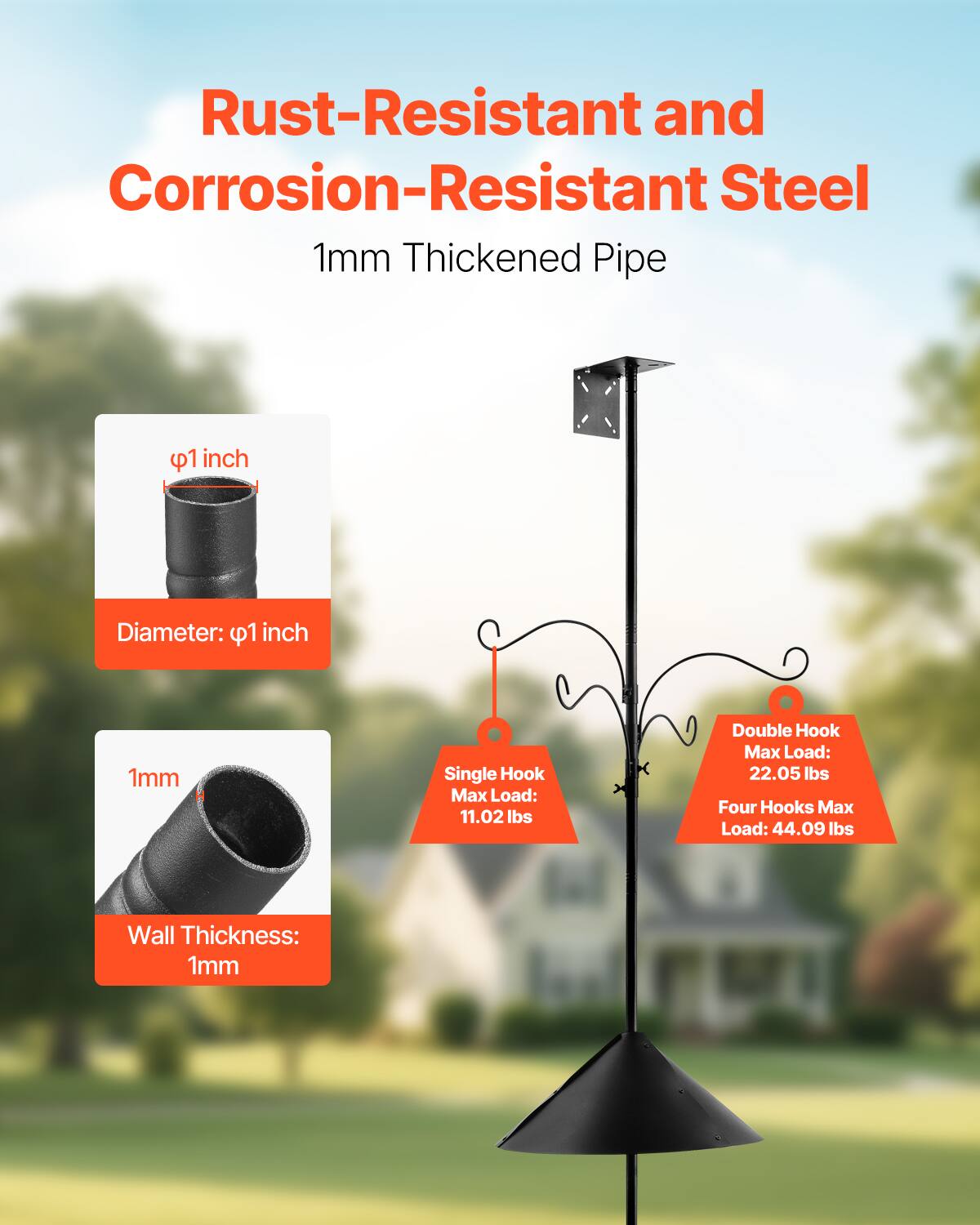 Rust-Resistant and Corrosion-Resistant Steel  
1mm Thickened Pipe  

Diameter: Ø1 inch  
Wall Thickness: 1mm  

Single Hook Max Load: 11.02 lbs  
Double Hook Max Load: 22.05 lbs  
Four Hooks Max Load: 44.09 lbs