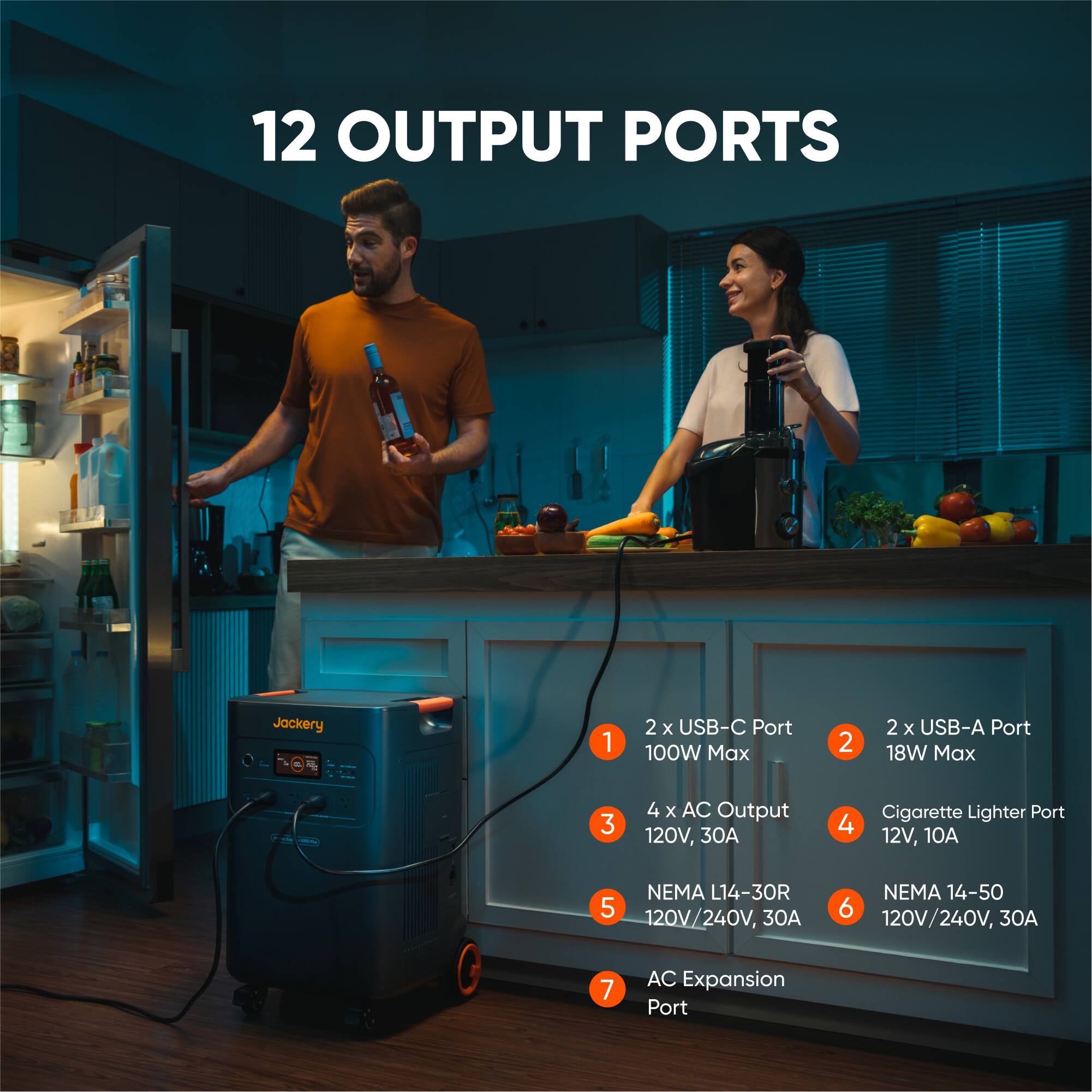 12 OUTPUT PORTS

1. 2 x USB-C Port 100W Max
2. 2 x USB-A Port 18W Max
3. 4 x AC Output 120V, 30A
4. Cigarette Lighter Port 12V, 10A
5. NEMA L14-30R 120V/240V, 30A
6. NEMA 14-50 120V/240V, 30A
7. AC Expansion Port