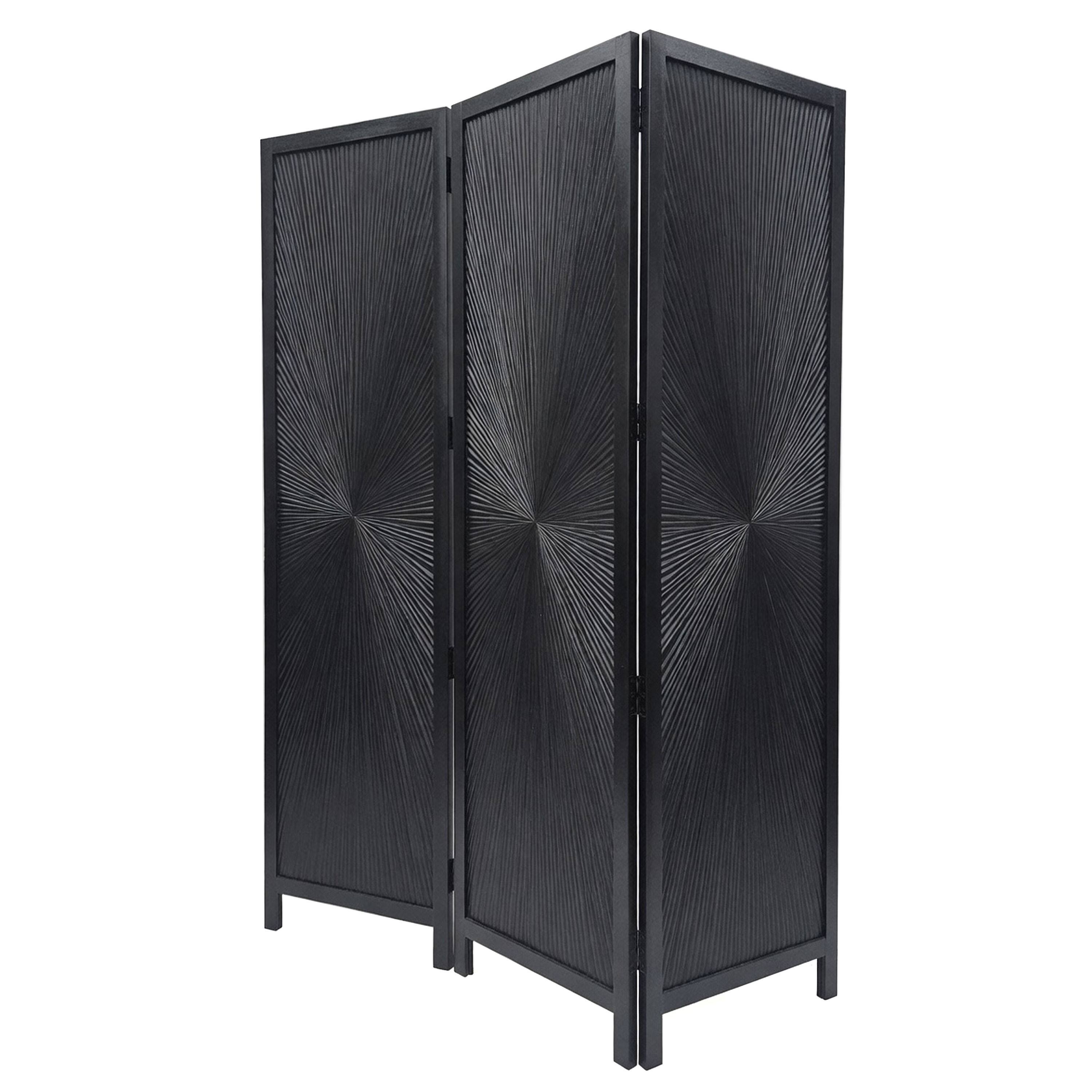 Angle. Manhattan Lane - Cava 3 Panel Folding Room Divider Screen, Sunburst Design, Black Mango Wood, 60x72 Inch - Black.