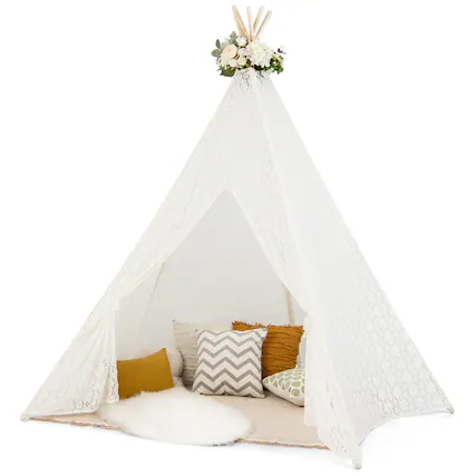 Front. Costway - Costway 85" Height 5 Sides Huge Lace Play Tent for Kids Adult Wedding w/ Light Strings - White.