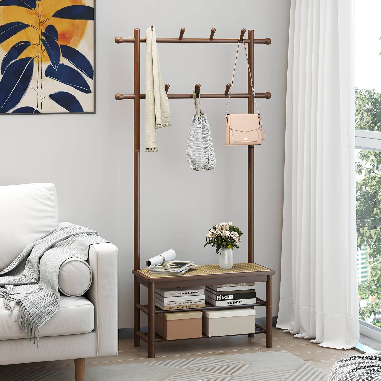 Alt View 5. Costway - Costway Bamboo Coat Rack with Bench Shoe Storage 2 Hanging Rods 11 Hanging Hooks Shelves - Brown.