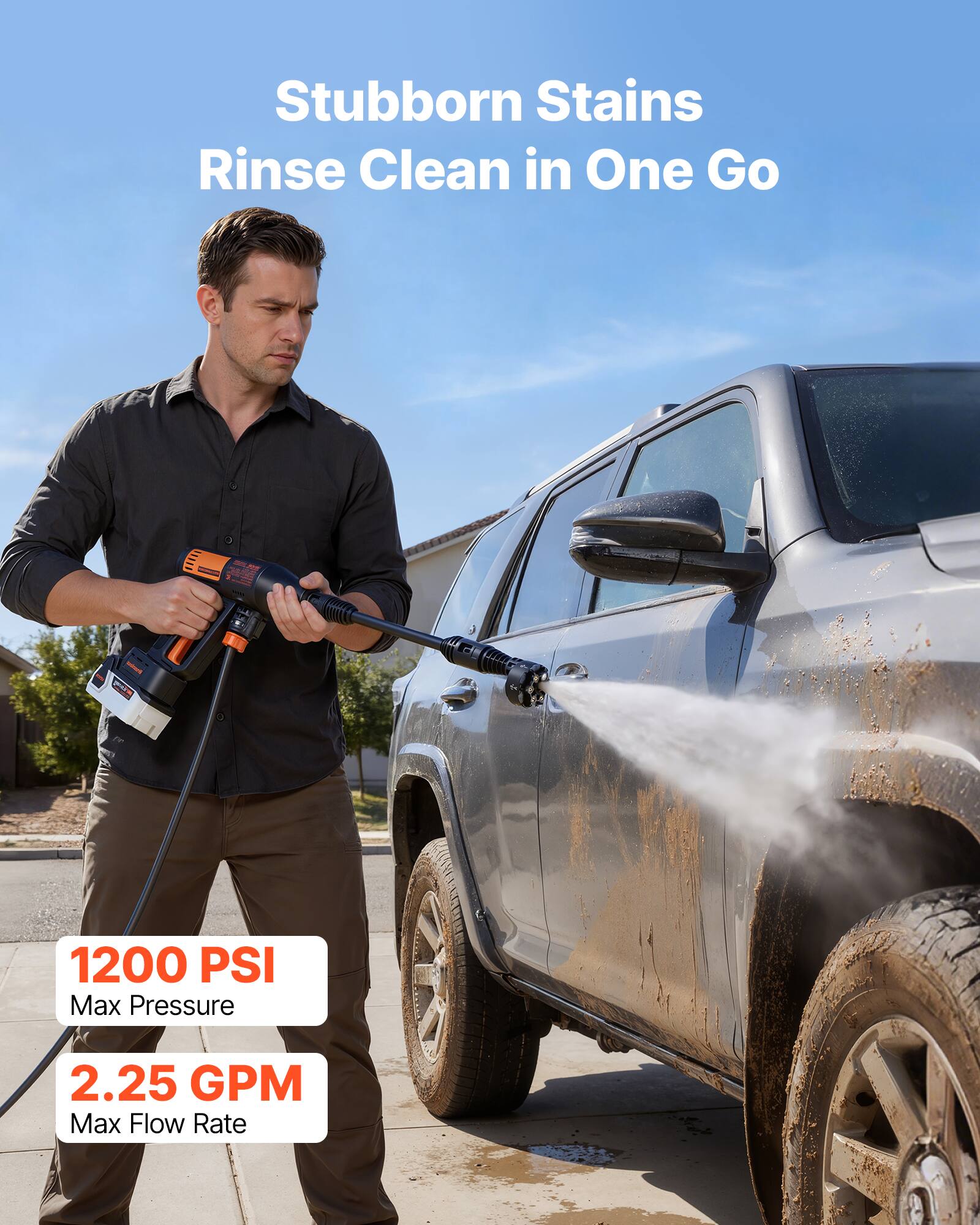 Stubborn Stains Rinse Clean in One Go

1200 PSI Max Pressure

2.25 GPM Max Flow Rate