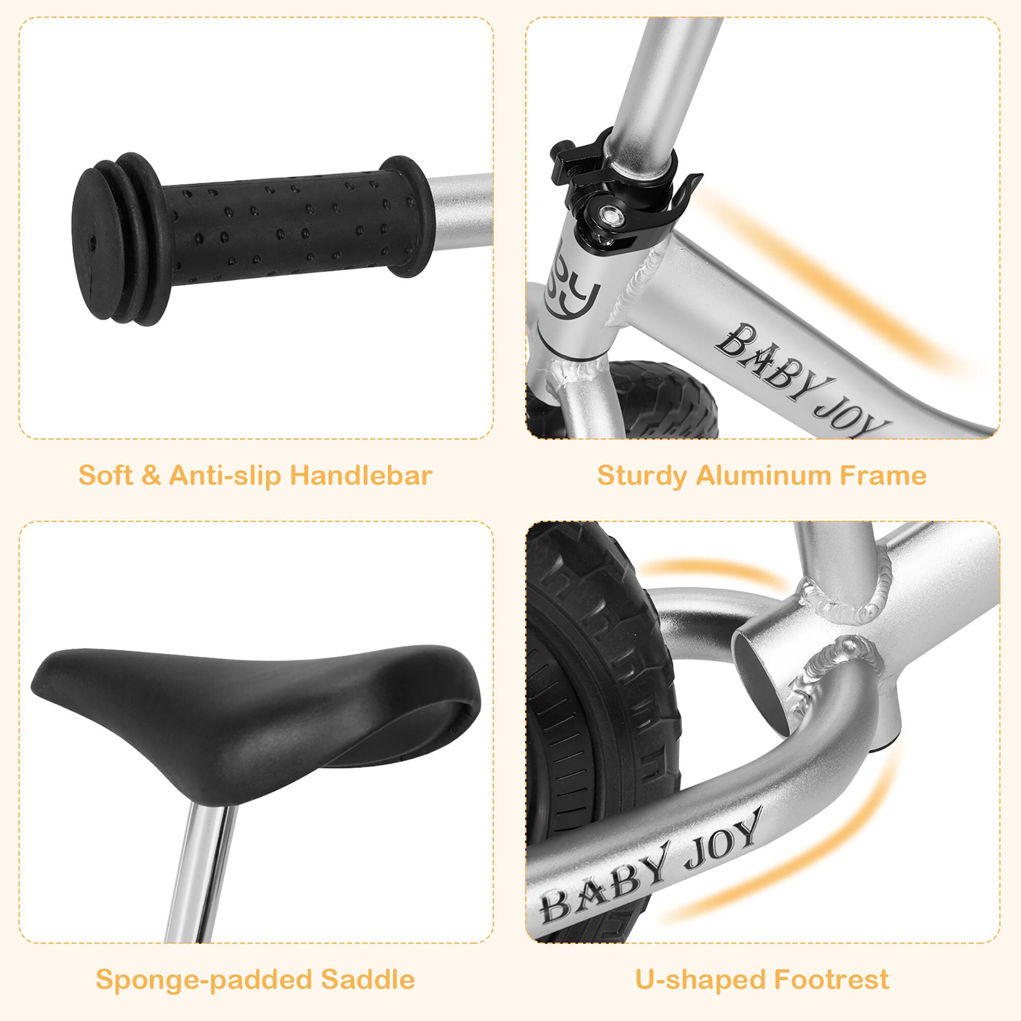 - Soft & Anti-slip Handlebar
- Sturdy Aluminum Frame
- Sponge-padded Saddle
- U-shaped Footrest