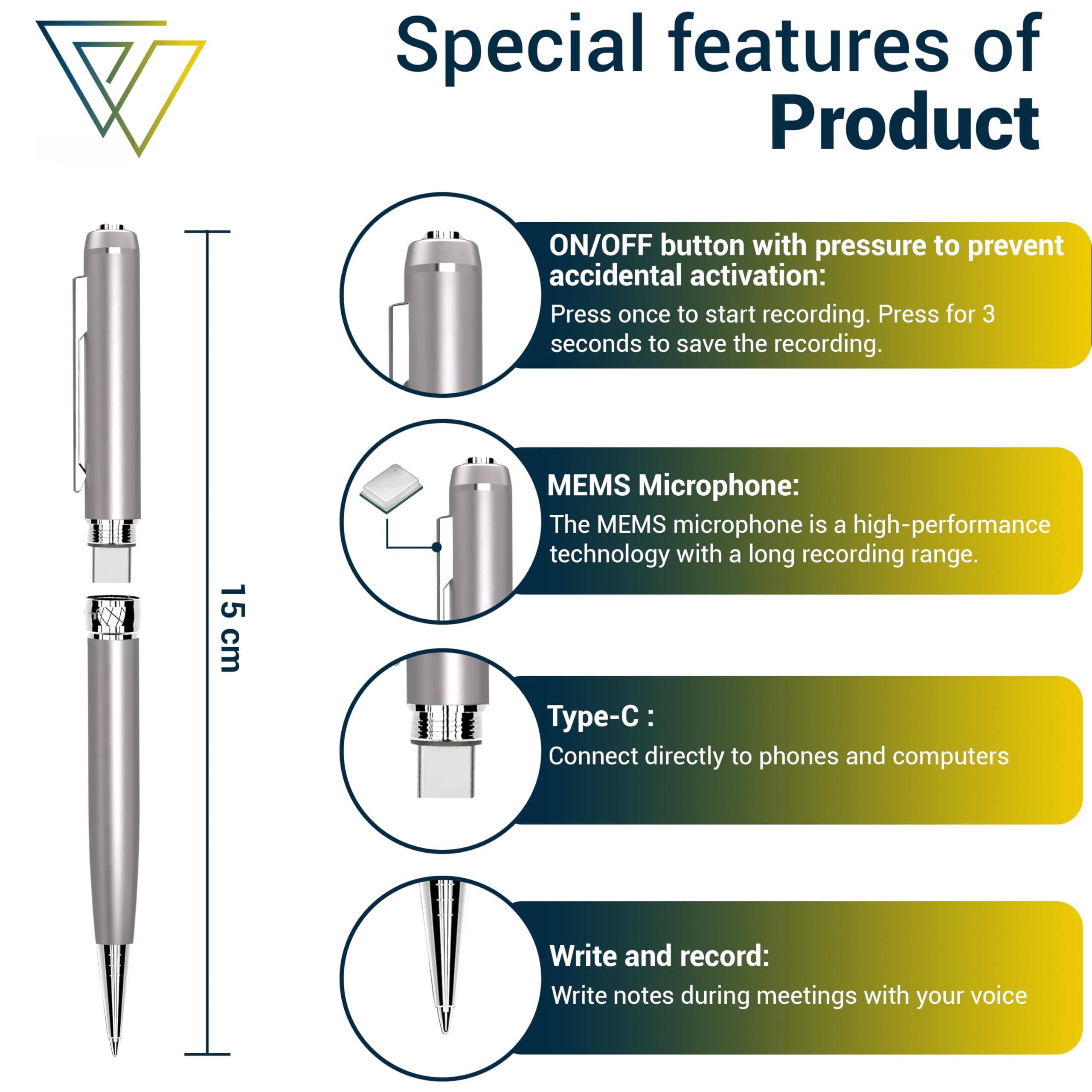 Special features of Product

- ON/OFF button with pressure to prevent accidental activation: Press once to start recording. Press for 3 seconds to save the recording.
- MEMS Microphone: The MEMS microphone is a high-performance technology with a long recording range.
- Type-C: Connect directly to phones and computers
- Write and record: Write notes during meetings with your voice