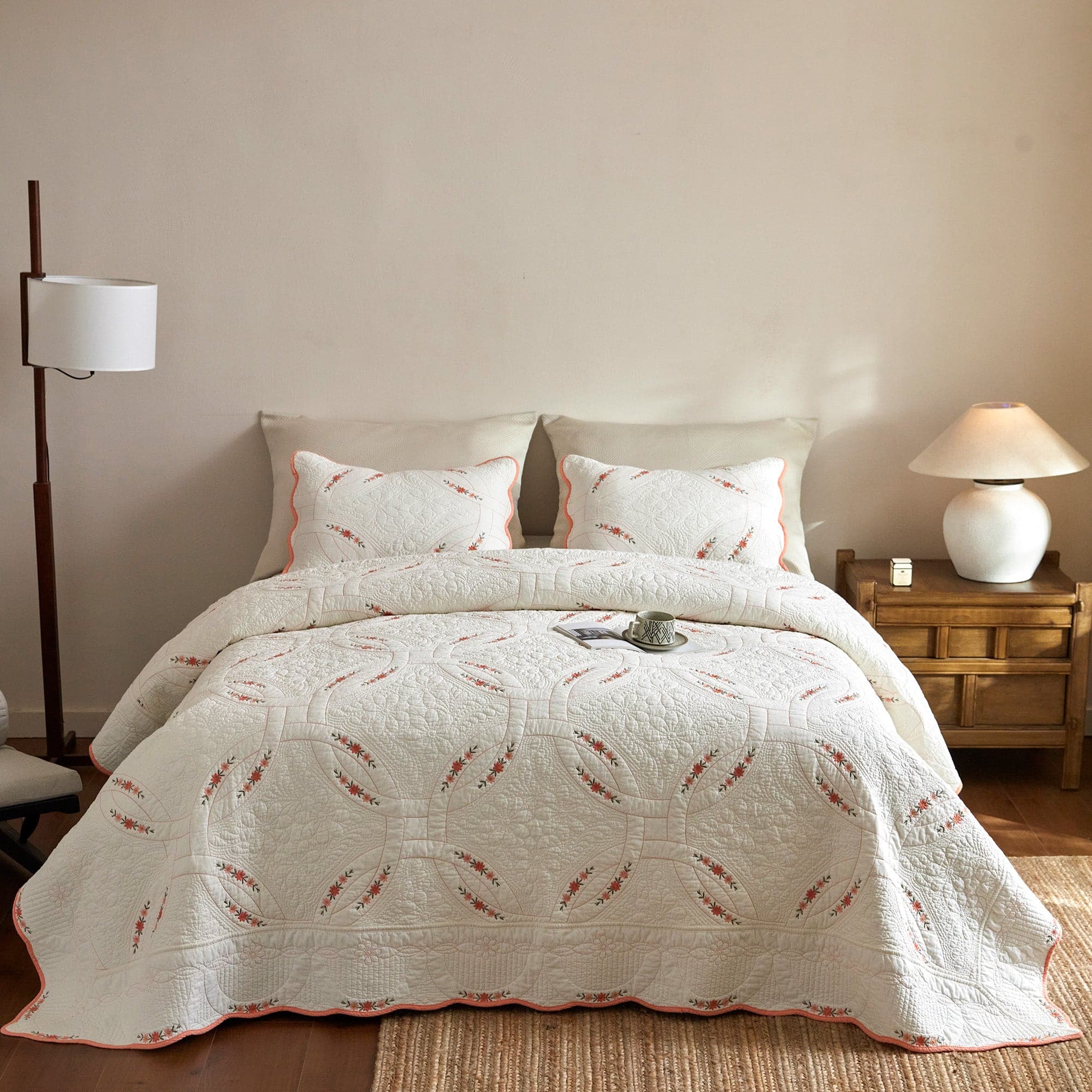 MarCielo - 3 Pieces Cotton French Country Quilt Bedspread Set Floral Embroidery - White