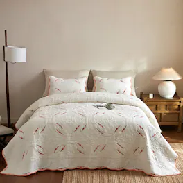 MarCielo - 3 Pieces Cotton French Country Quilt Bedspread Set Floral Embroidery - White