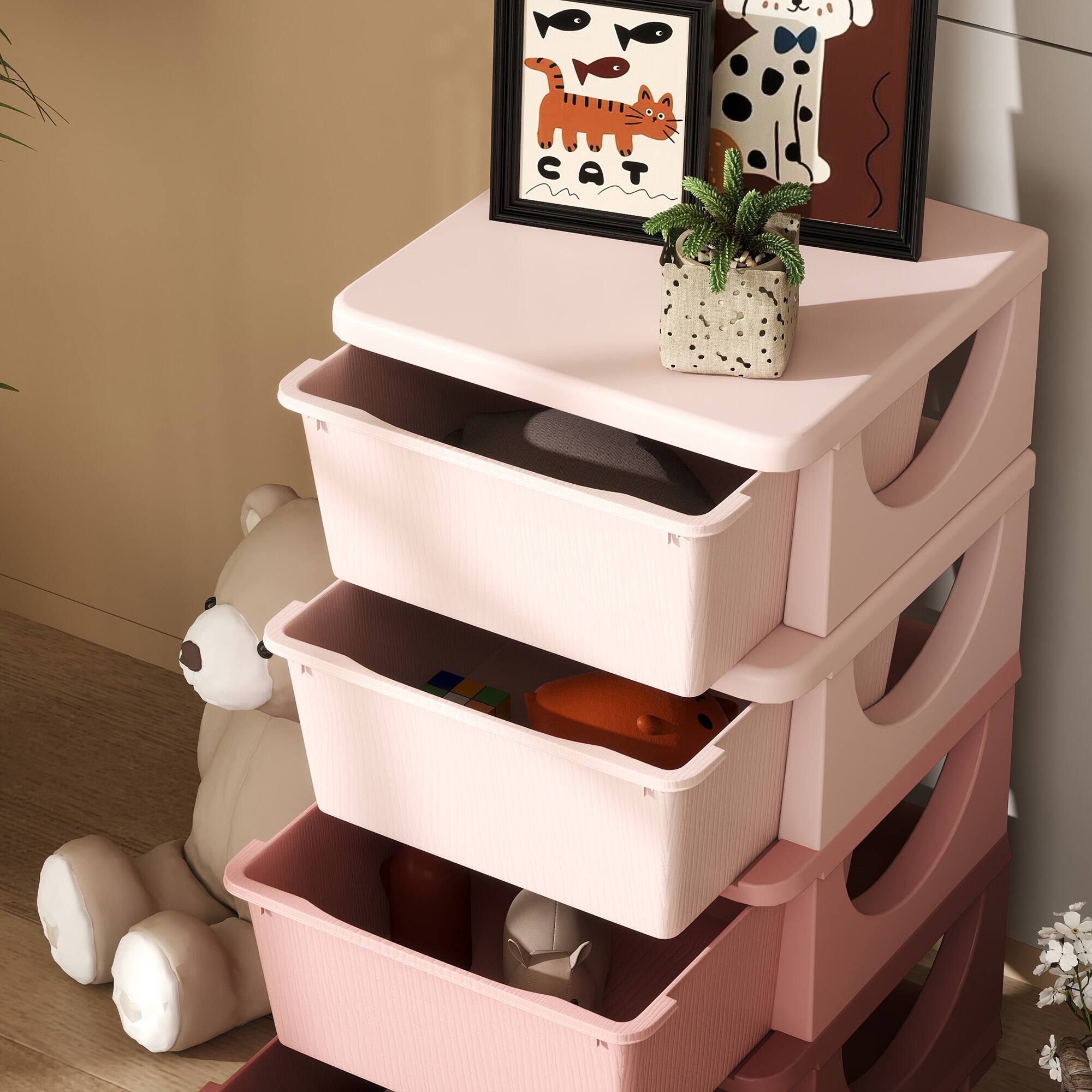 Alt View 4. Qaba - 4 Tier Kids Storage Unit, 4 Drawer Chest Toy Organizer, Plastic Bins, Bedroom, Nursery, Living Room, Toddlers - Pink.