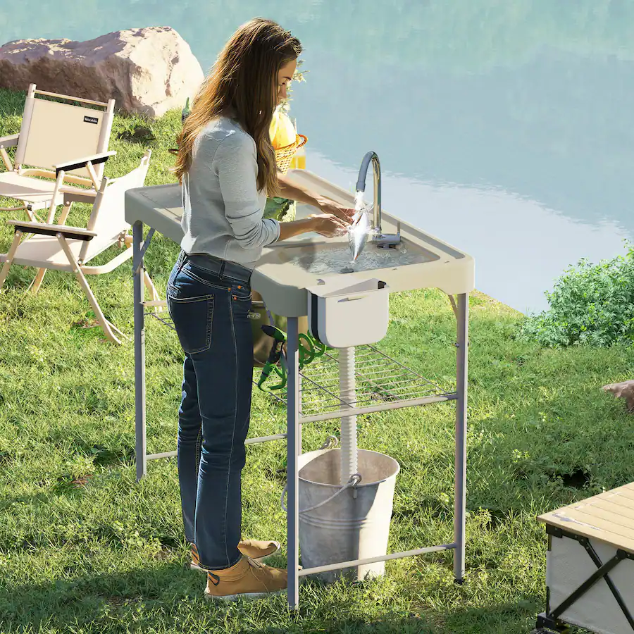 Outsunny Folding Fish Cleaning Table with Sinks, Portable Camping