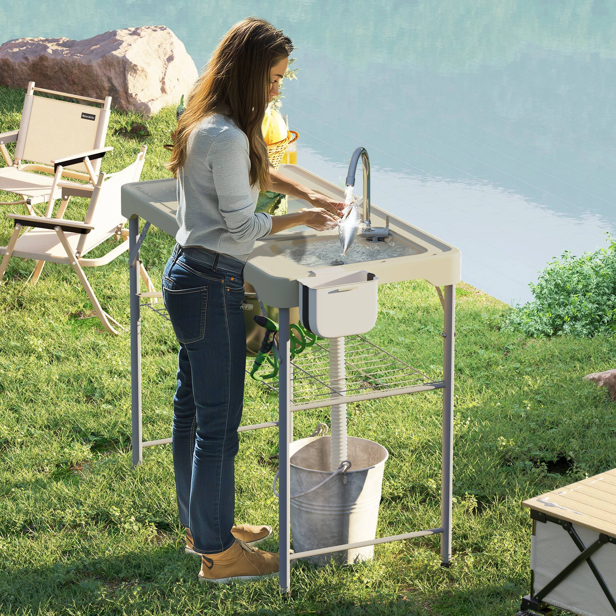 Outsunny Folding Fish Cleaning Table with Sinks, Portable Camping