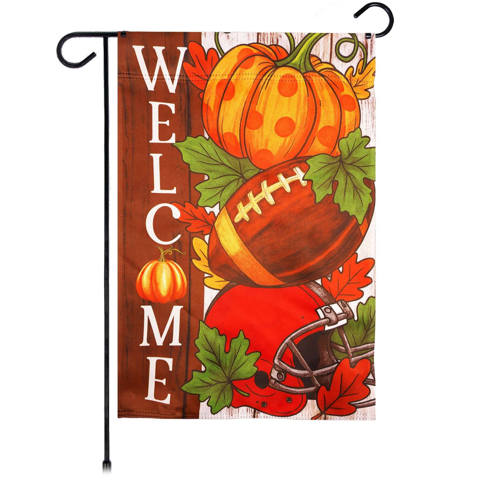 Front. G128 - G128 Welcome Fall Football Pumpkin Garden Flag 12x18 In Double Sided Fall Yard Garden Lawn Decoration - Orange.