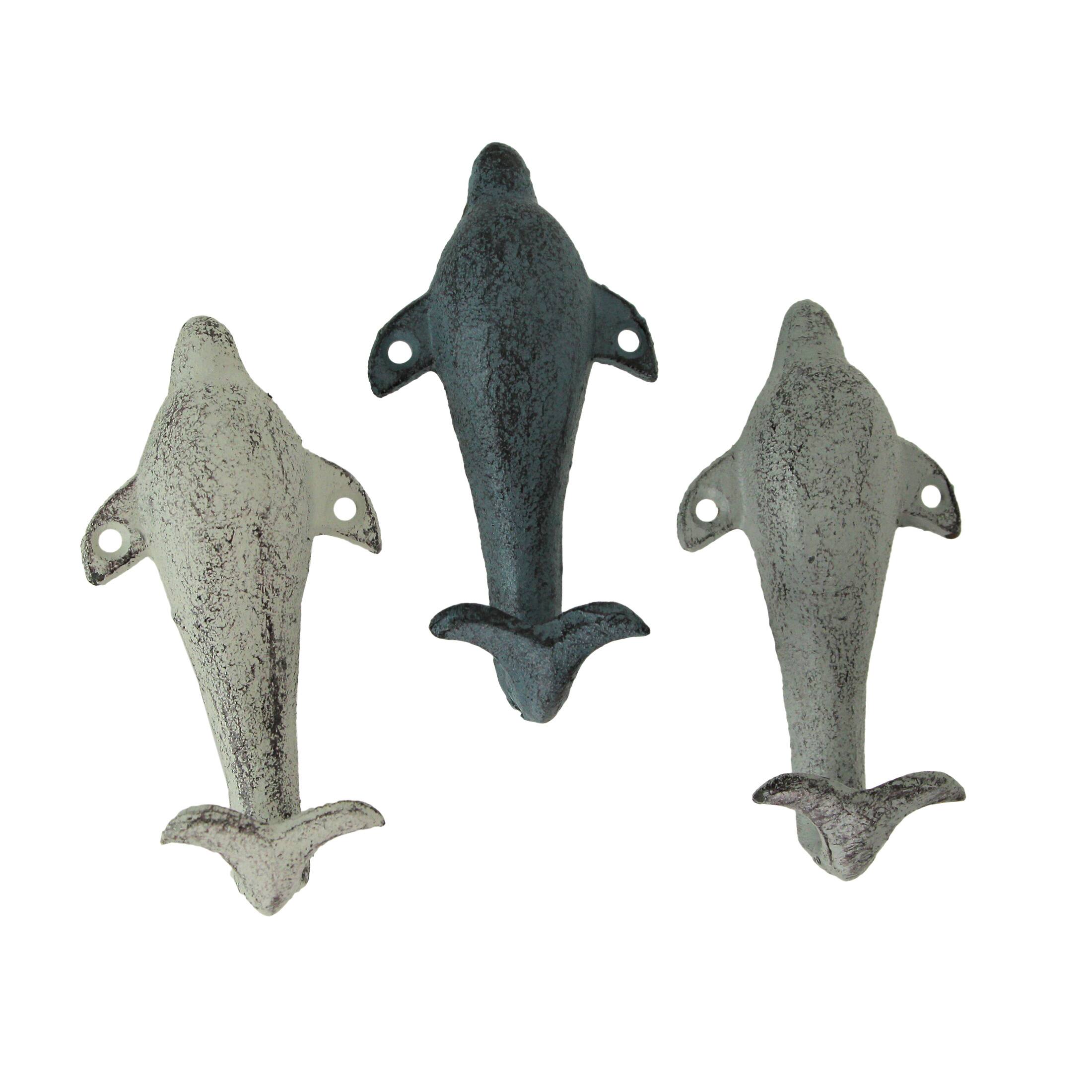 Alt View 1. Zeckos - Set of 3 Colorful Coastal Cast Iron Dolphin Decorative Wall Hooks 5 inch - Multicolored.