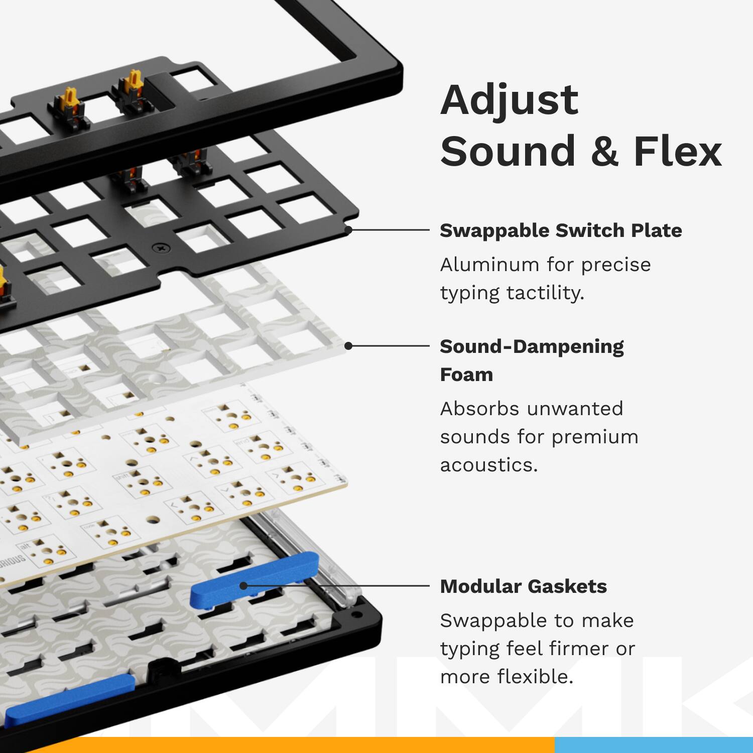 Adjust Sound & Flex Swappable Switch Plate Aluminum for precise typing tactility. Sound-Dampening Foam Absorbs unwanted sounds for premium acoustics. Modular Gaskets Swappable to make typing feel firmer or more flexible.