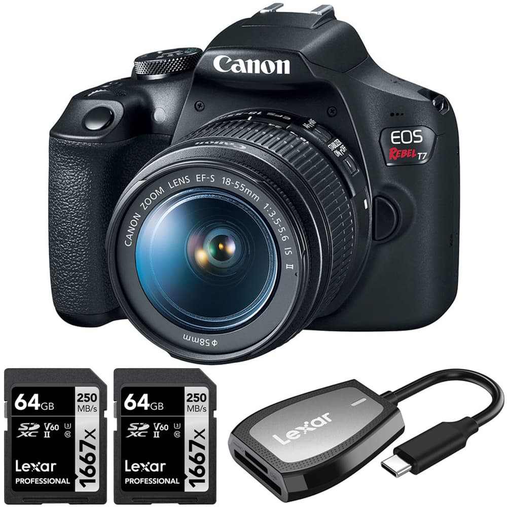 Canon - EOS Rebel T7 DSLR Camera + 18-55mm f/3.5-5.6 Lens + 2x 64GB Card +Card Reader